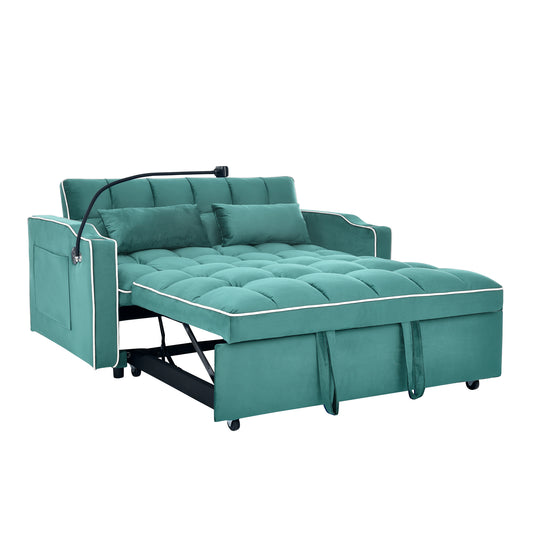 Teal velvet sofa bed with tufted mattress and white piping detail ideal for small spaces