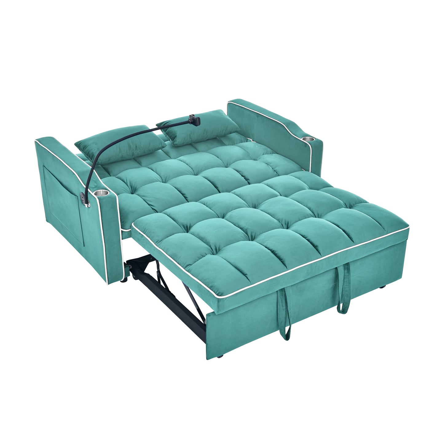 Teal velvet convertible sofa bed with tufted cushions and builtin cup holders