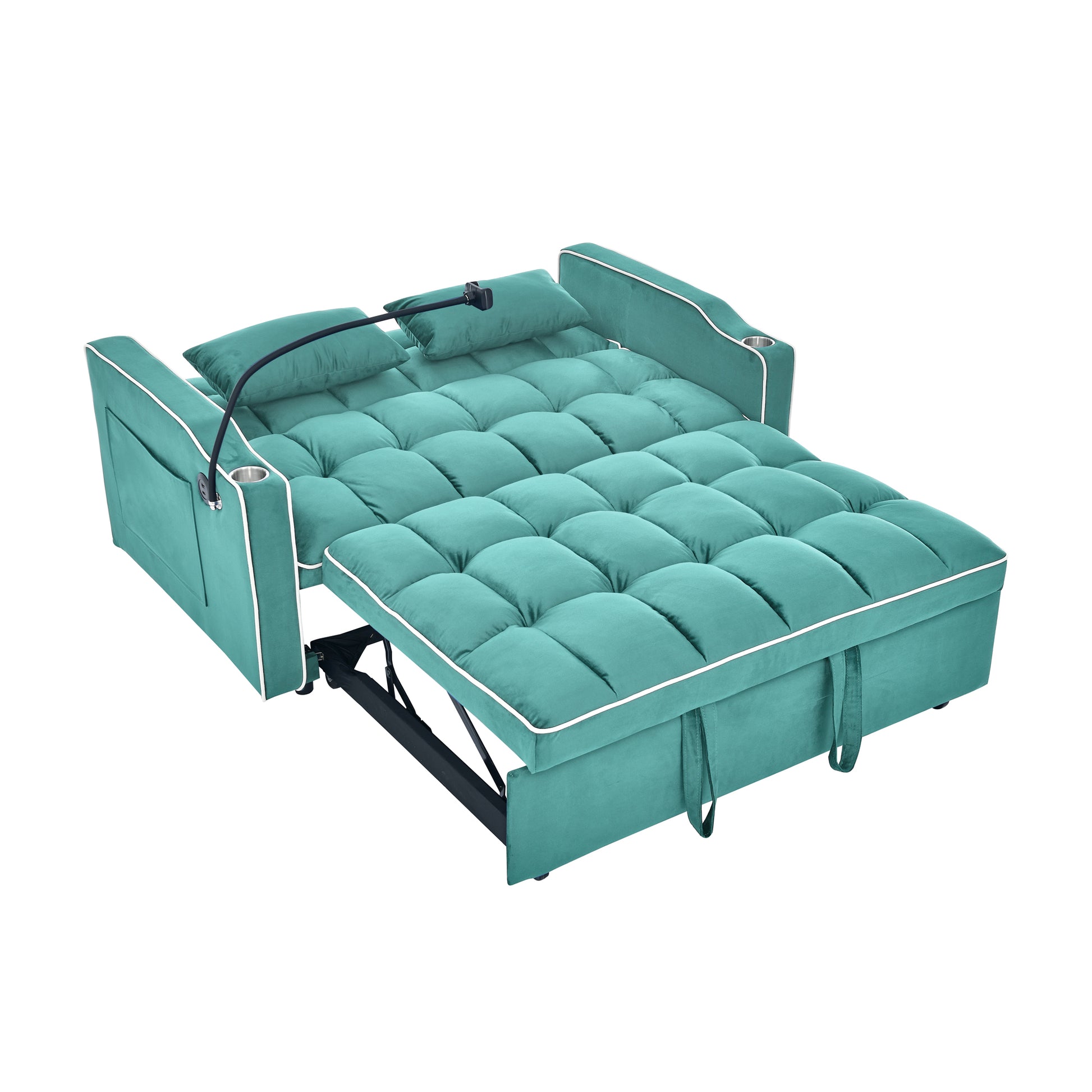 Teal velvet convertible sofa bed with tufted cushions and builtin cup holders