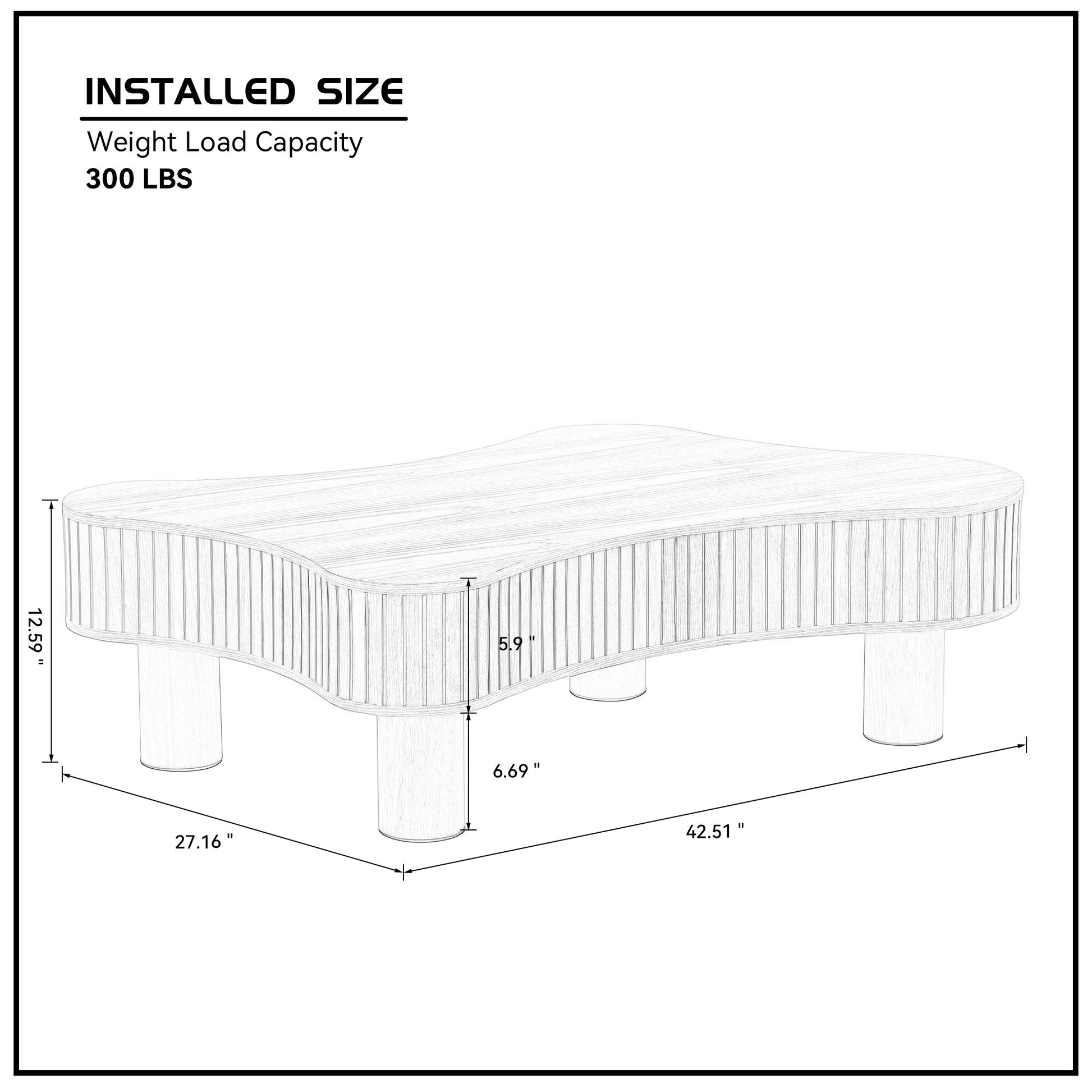 Abstract coffee table with ribbed sides and rounded legs  inches long