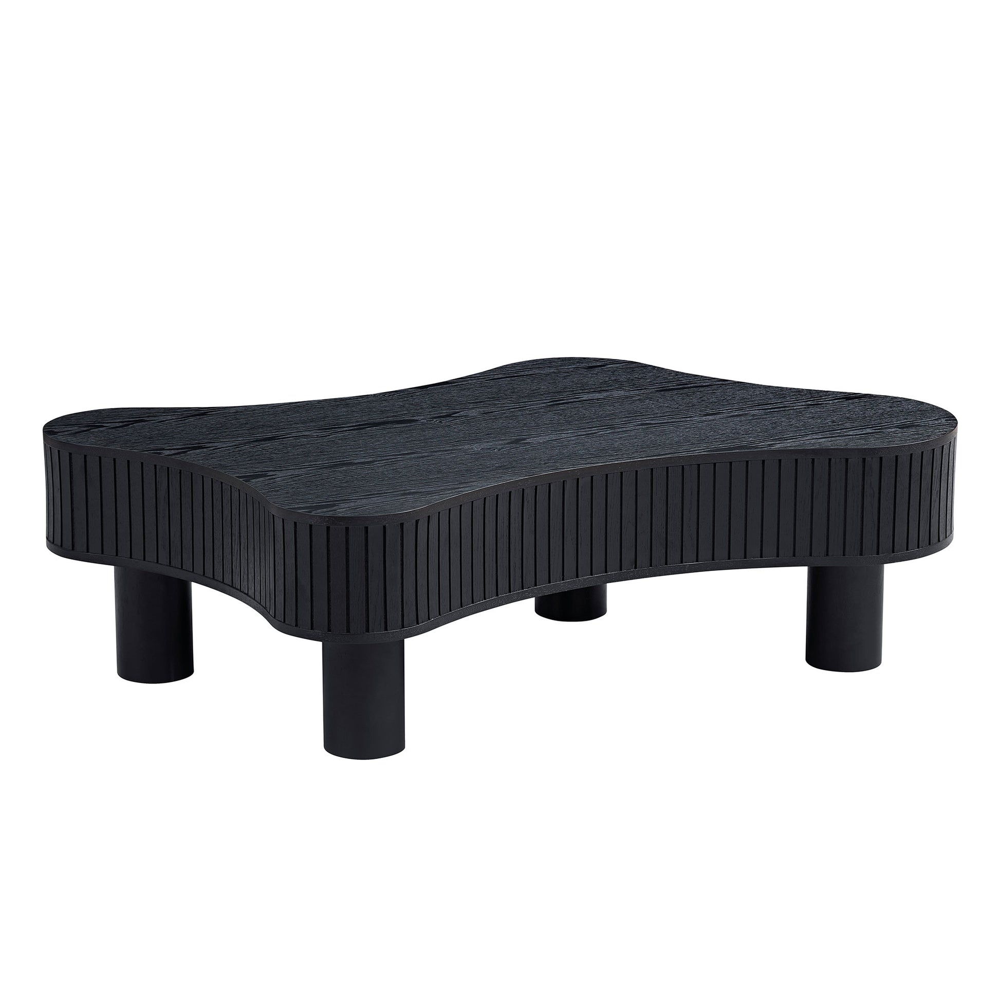 Black contemporary organic wood coffee table with fluted sides and cylindrical legs