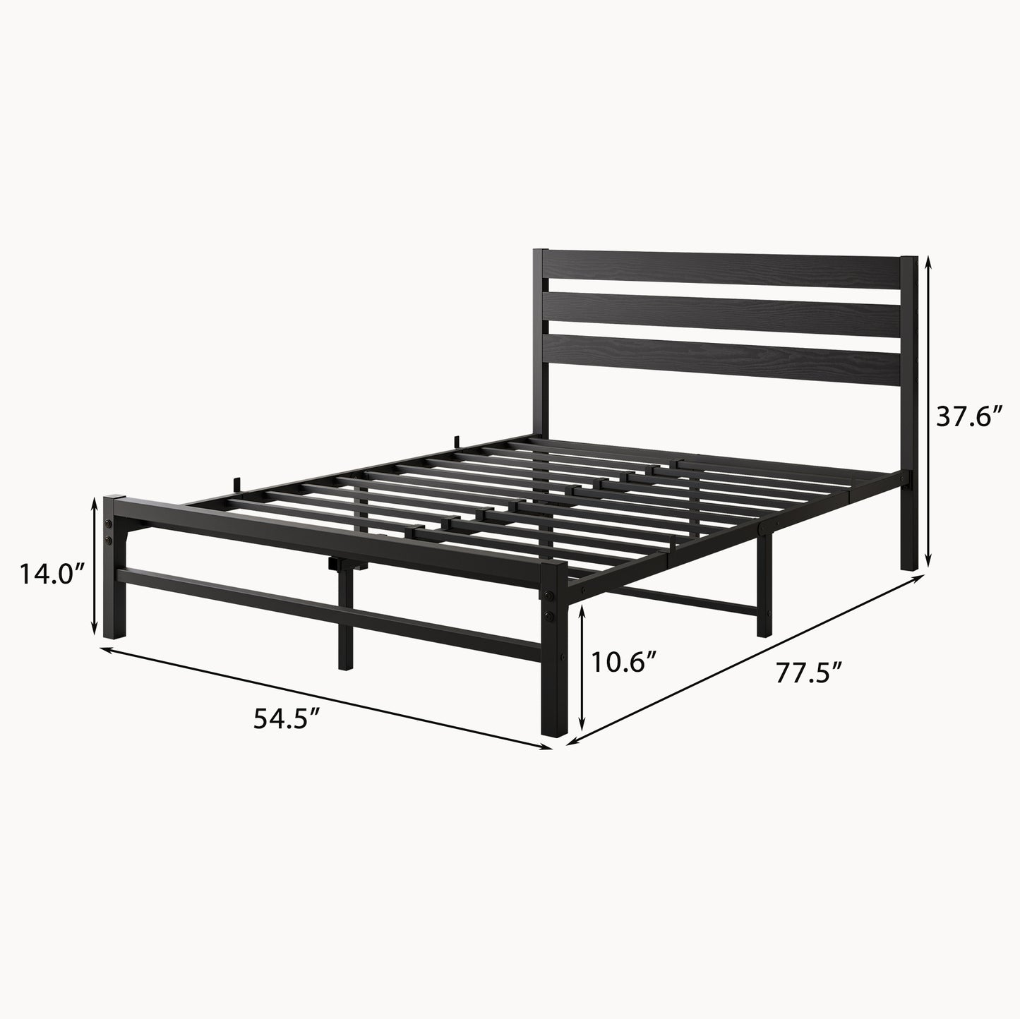 Black metal bed frame with slatted support and modern horizontal headboard design