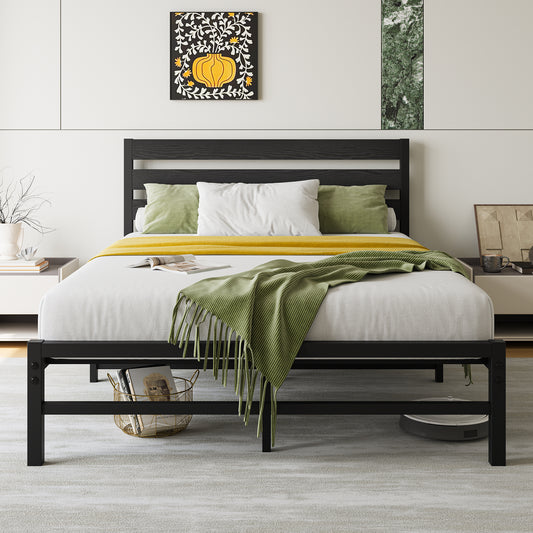 Black metal queen bed frame with slatted headboard and footboard modern design