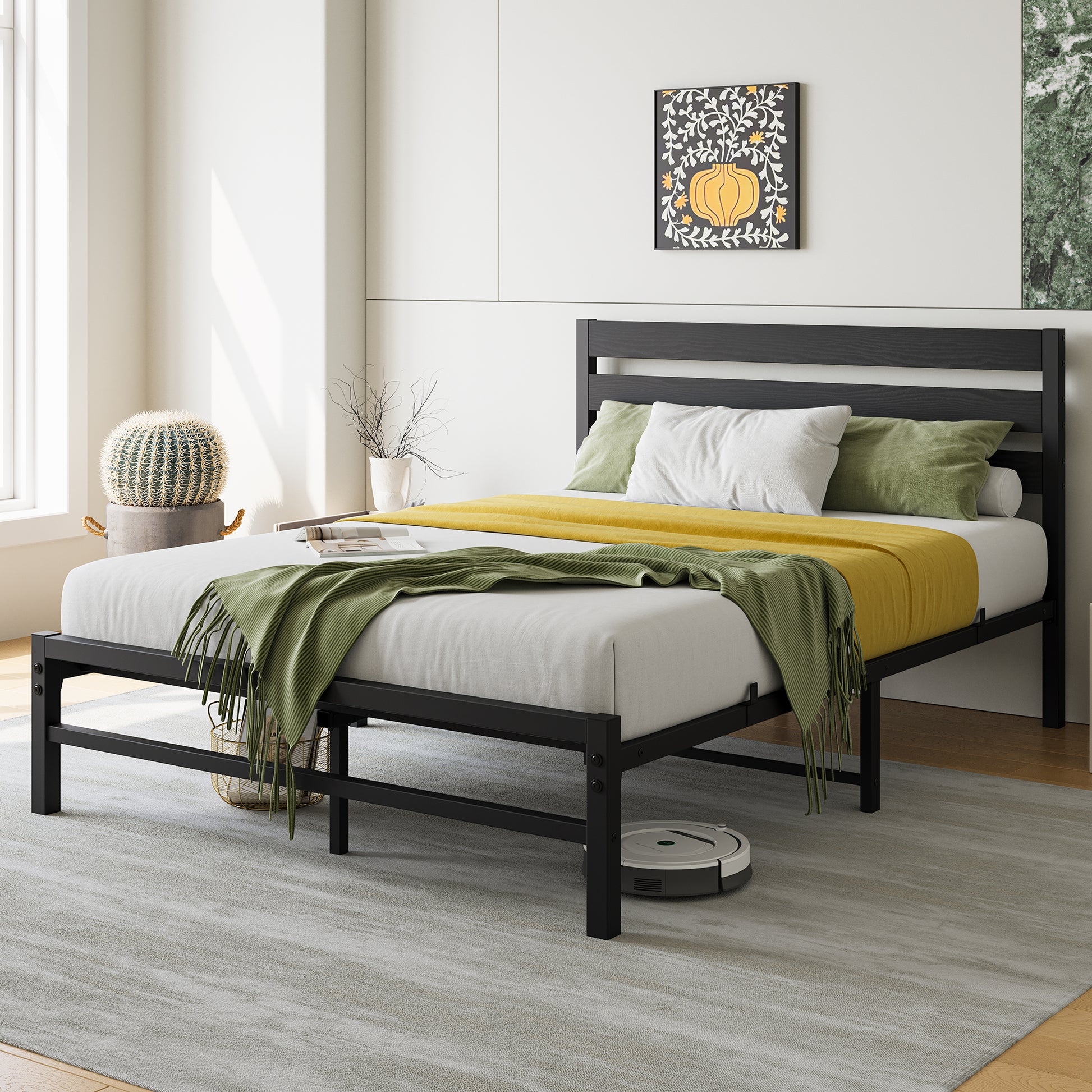 Black metal platform bed frame with horizontal headboard and footboard queen size