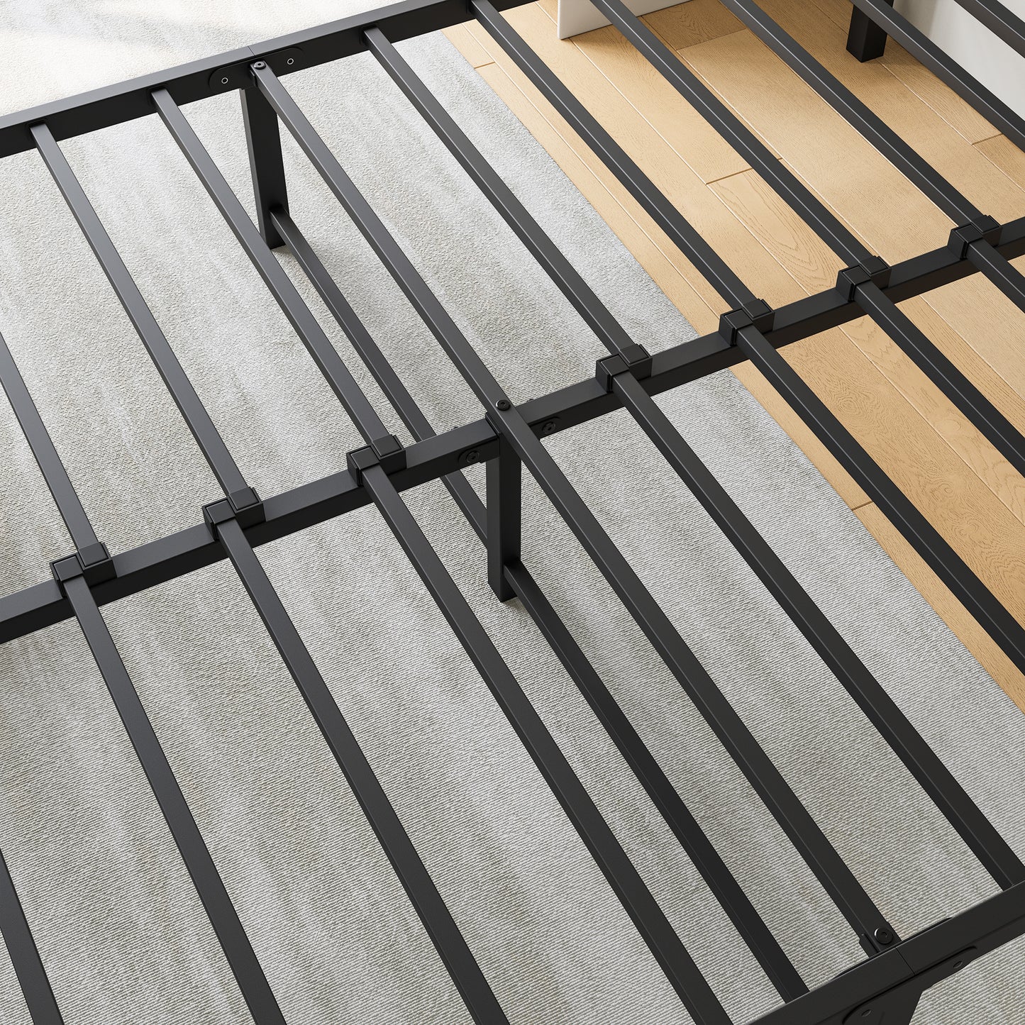 Black metal platform bed frame slats