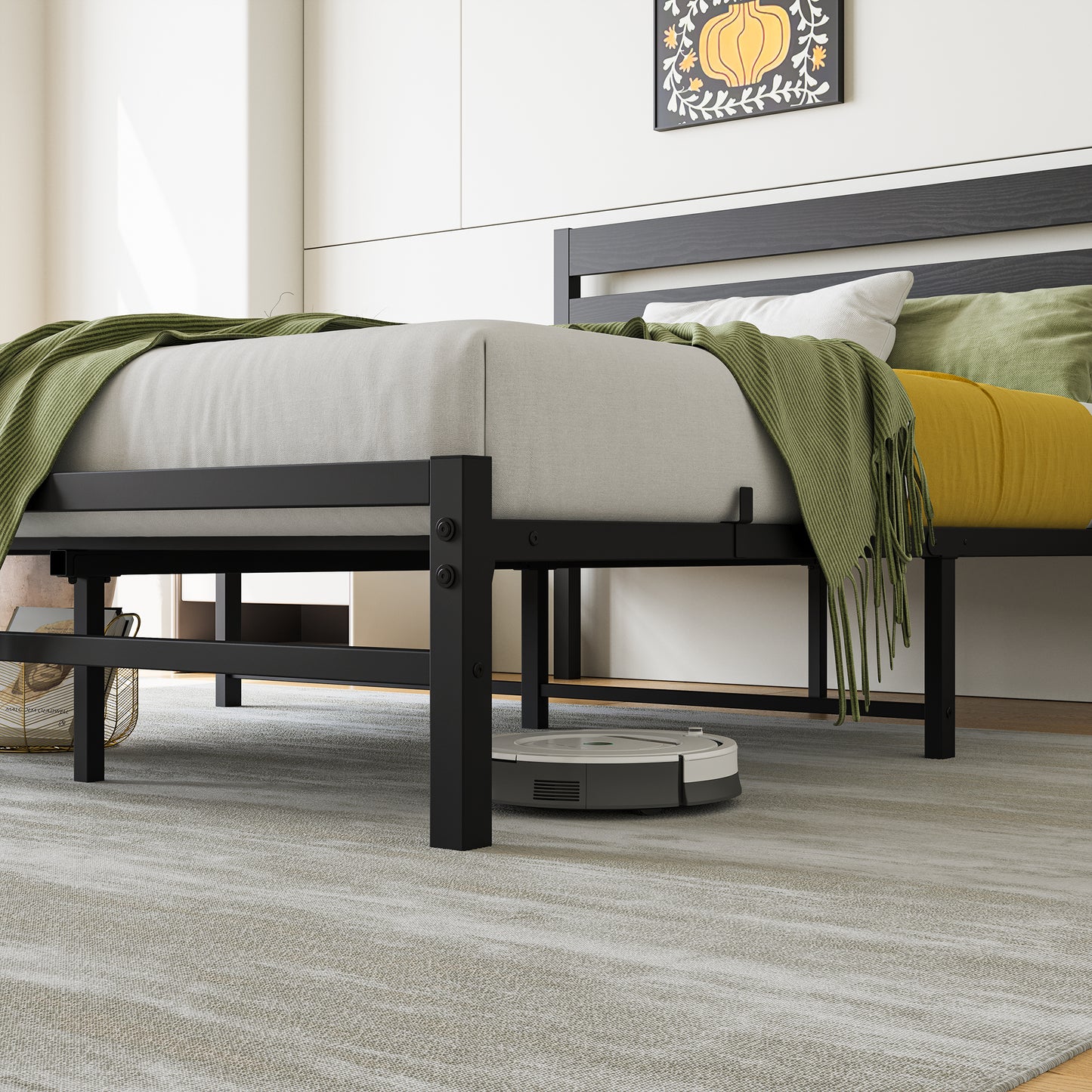 Black metal platform bed frame with wooden headboard and grey mattress
