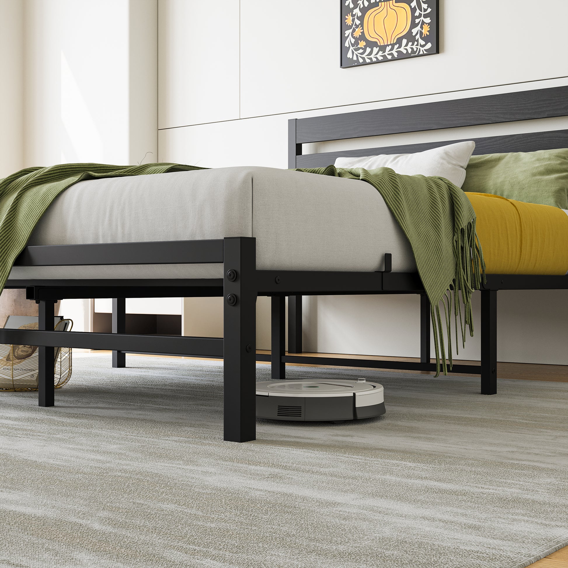Black metal platform bed frame with wooden headboard and grey mattress