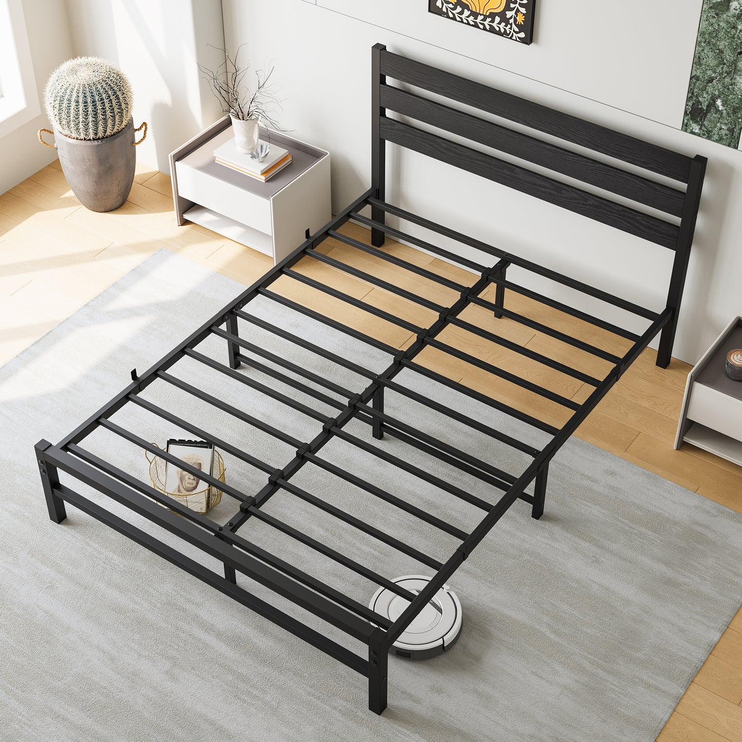 Black metal platform bed frame with wooden slats
