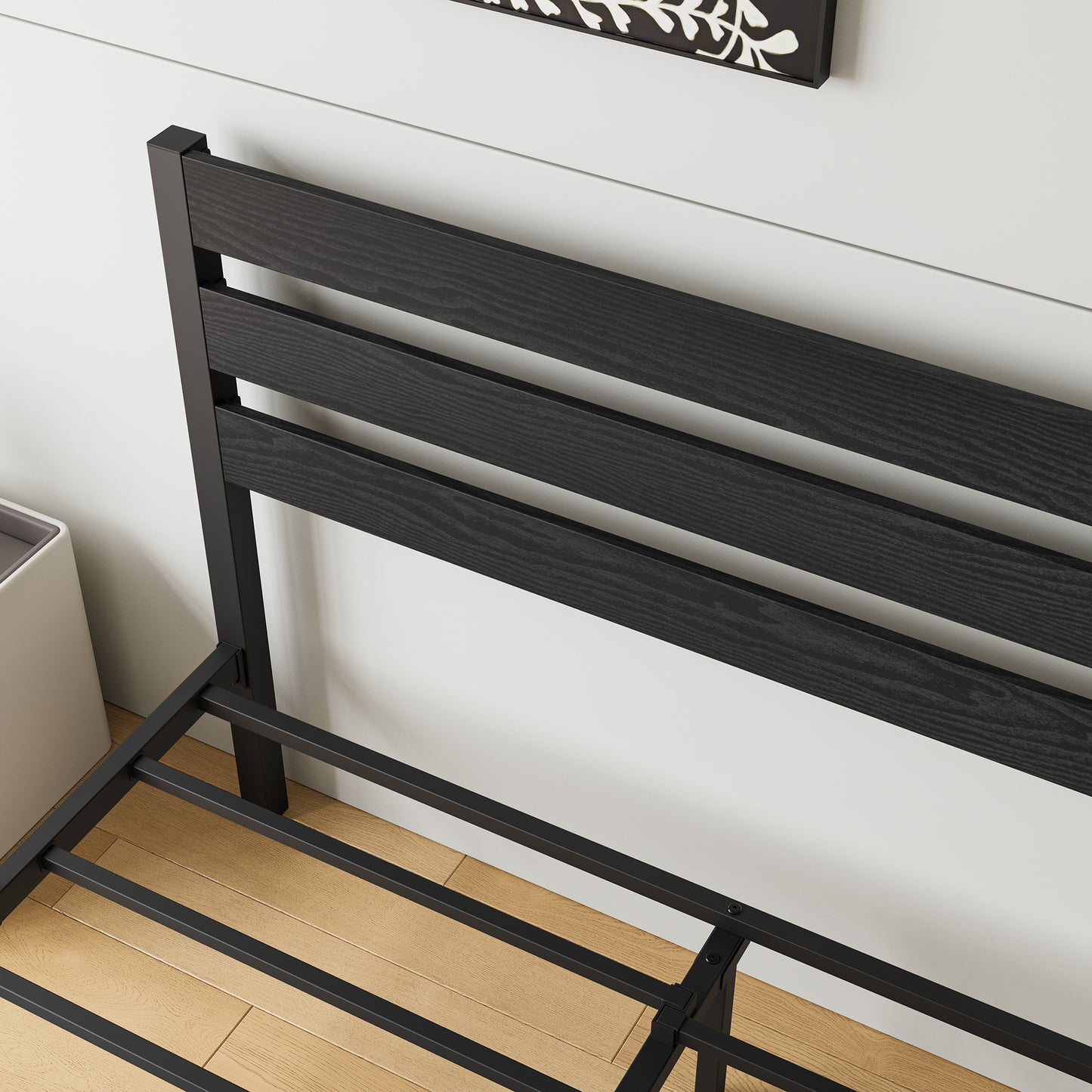 Black wooden slat headboard with metal bed frame
