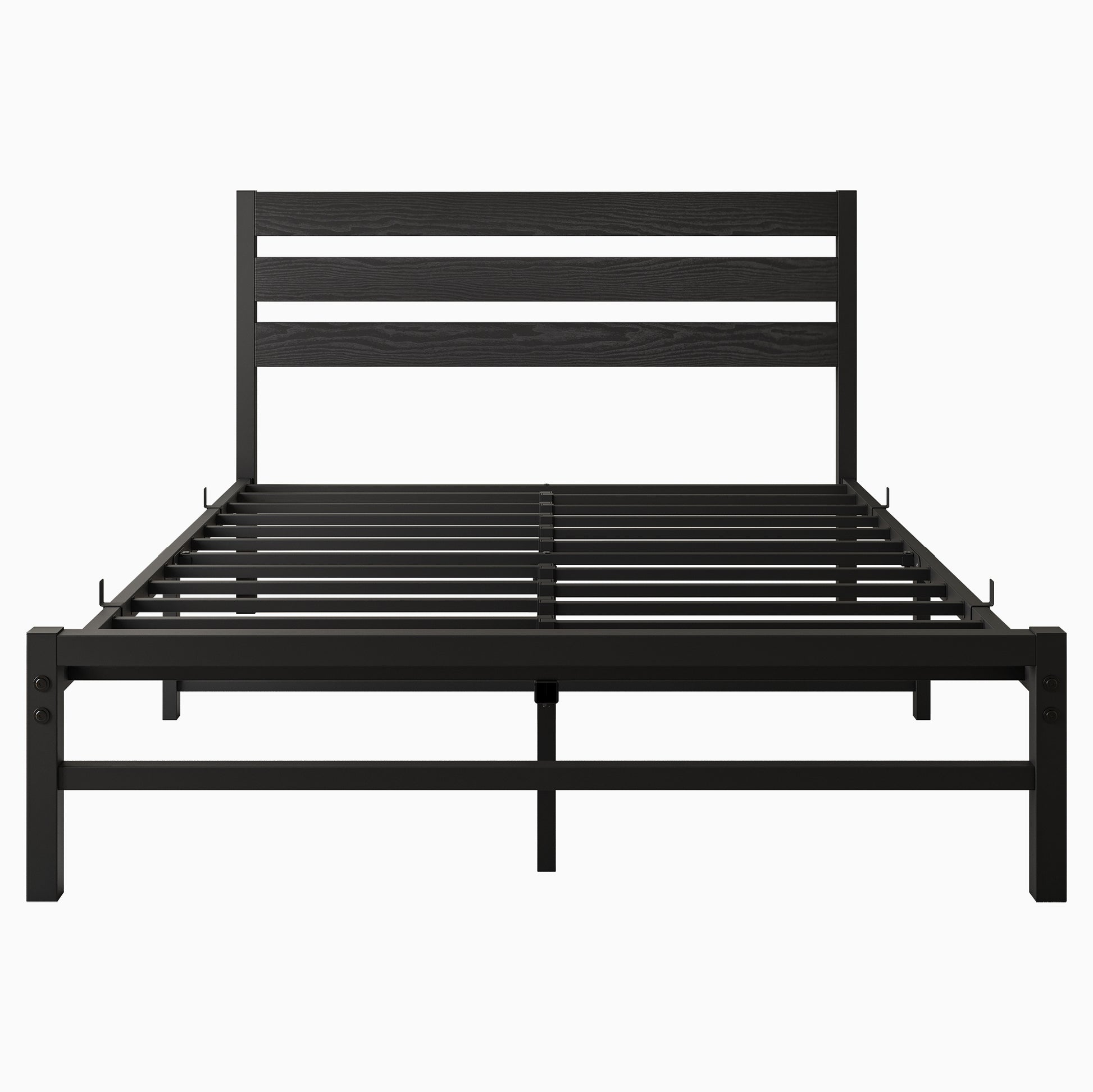 Black metal bed frame with woodgrain headboard