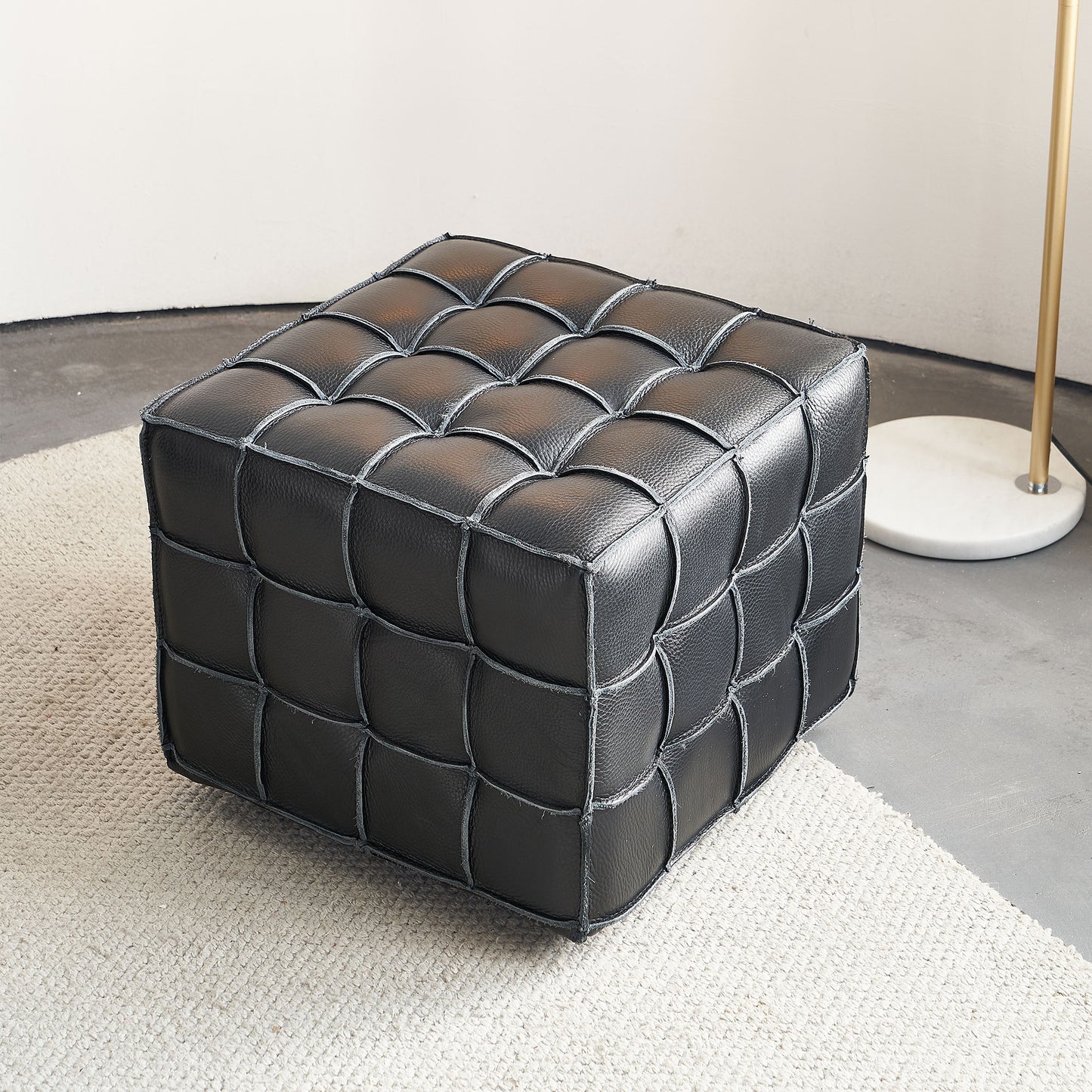 Black woven leather ottoman tufted square pouf for living room or bedroom accent