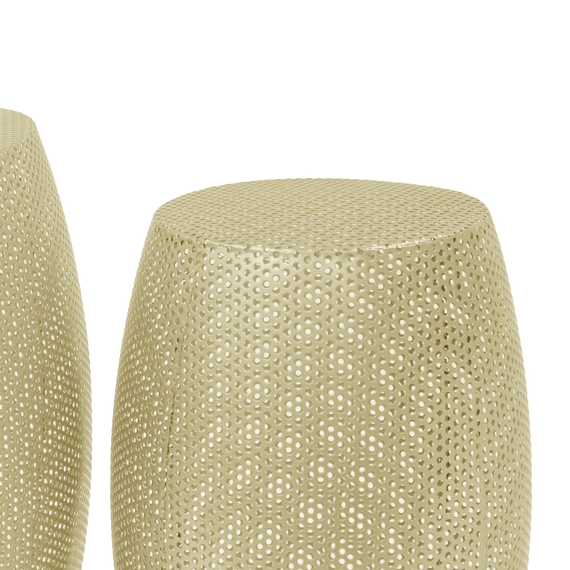 Beige perforated metal stool with a cylindrical design perfect for modern seating