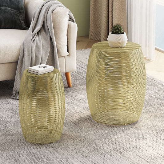 Gold metal perforated barrel accent table with open design