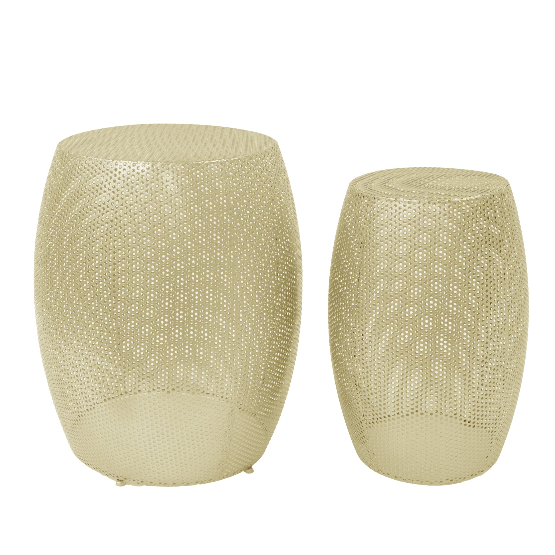 Two champagne gold metal accent tables with perforated designs