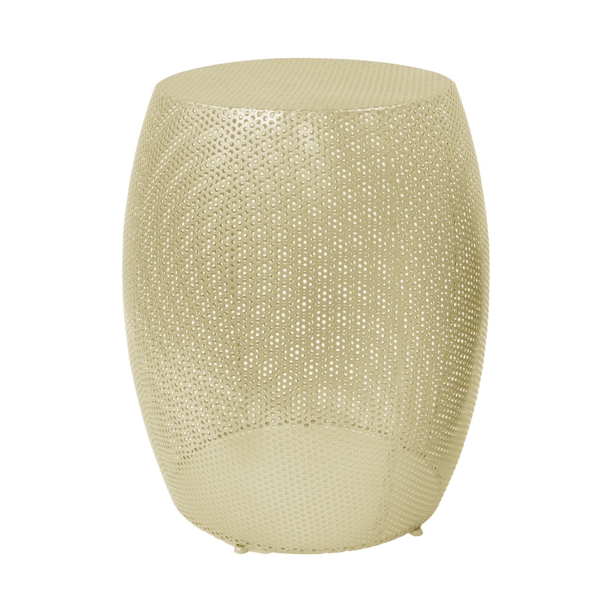 Gold metal barrel accent table with perforated design