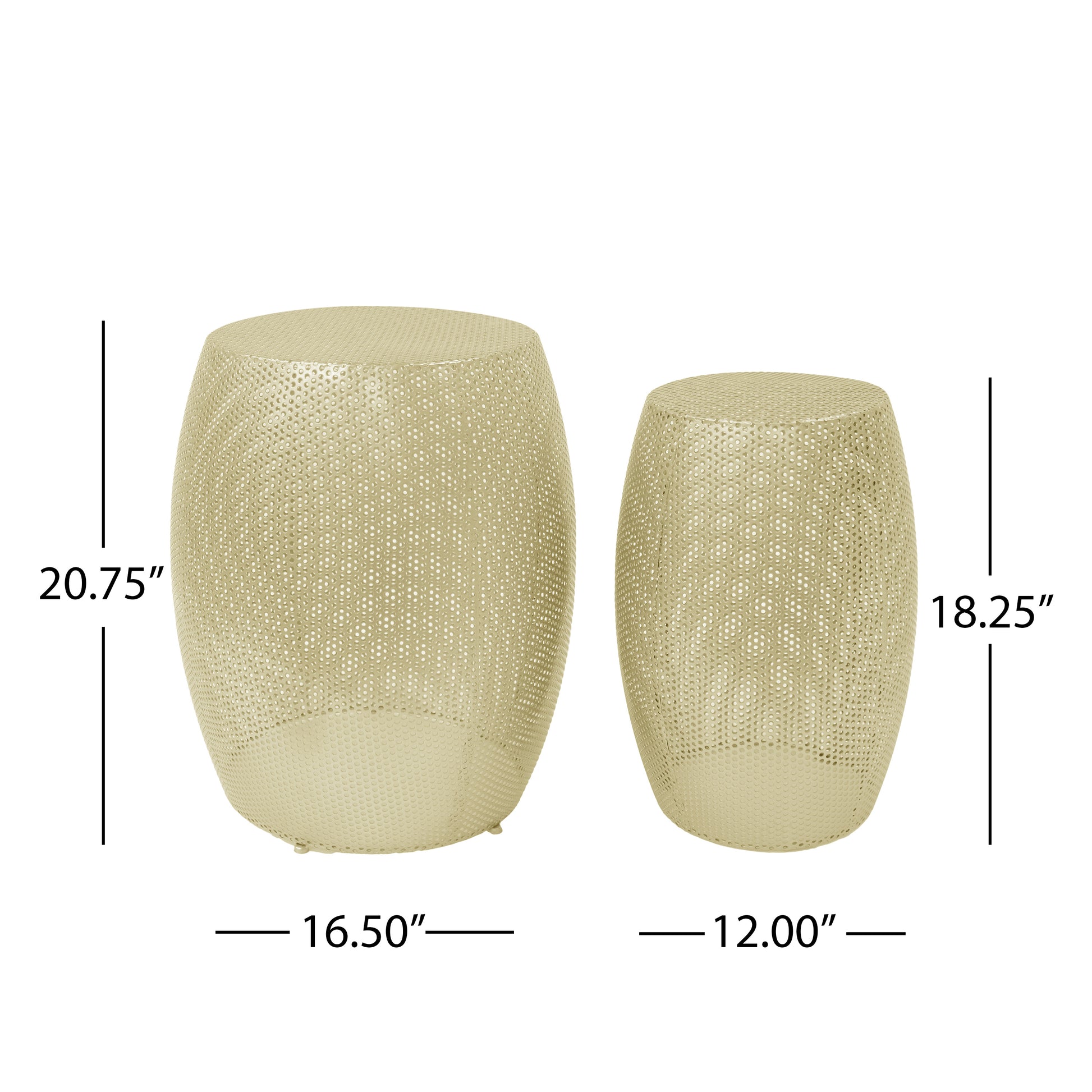 Two gold metal barrelshaped end tables with perforated detail  and  tall
