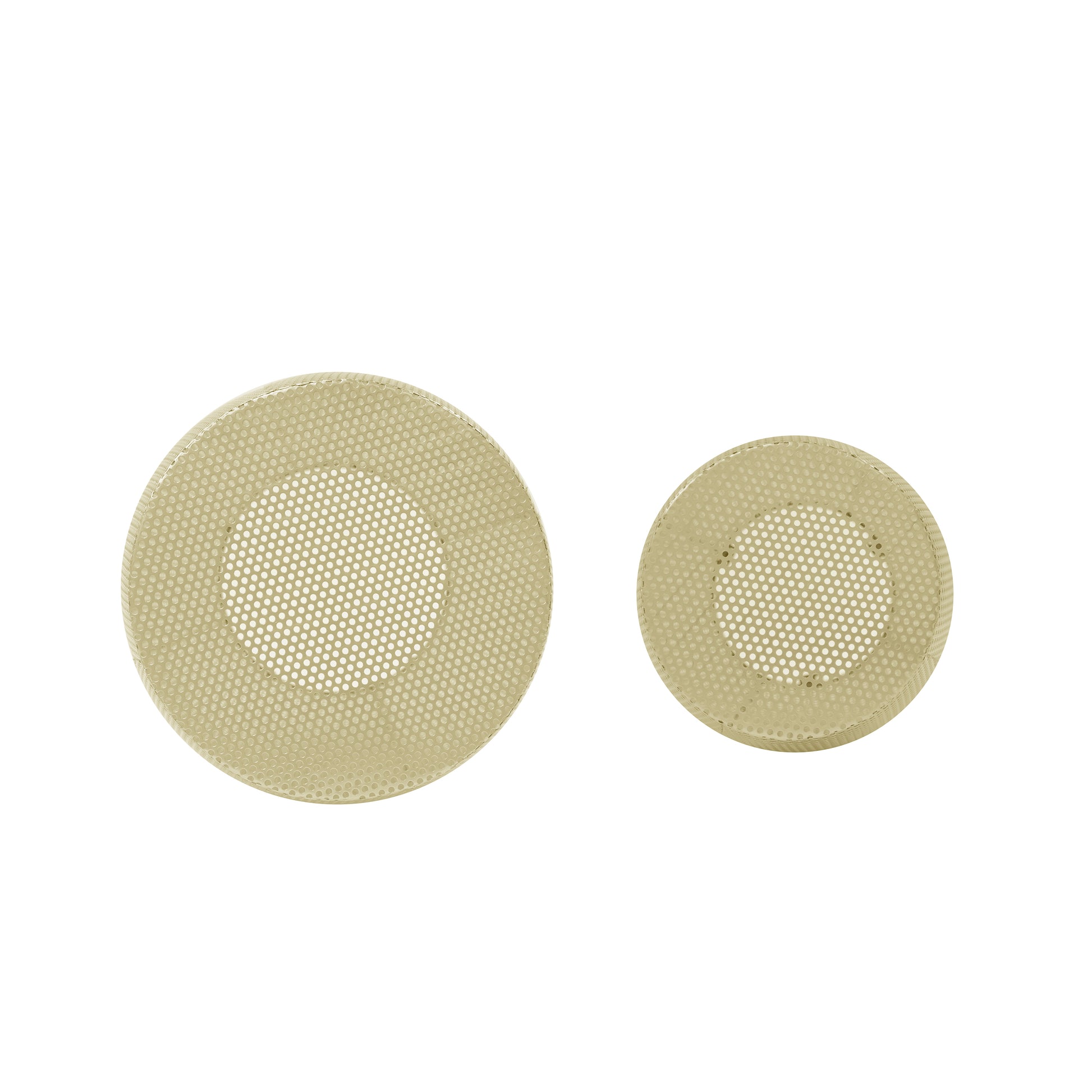 Two circular beige perforated metal grilles one larger than the other