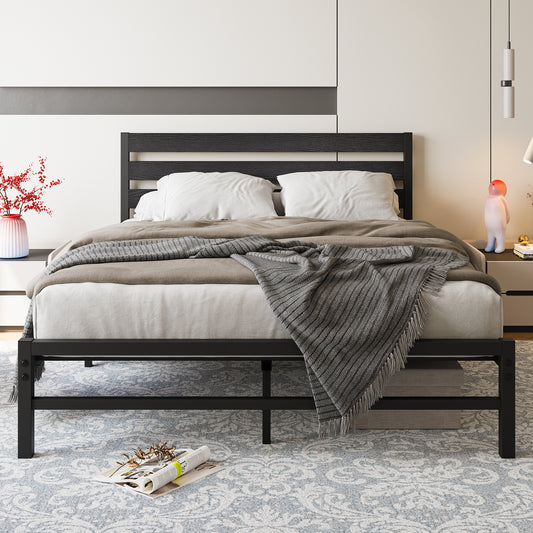 Dark wood slat headboard platform bed with black metal frame