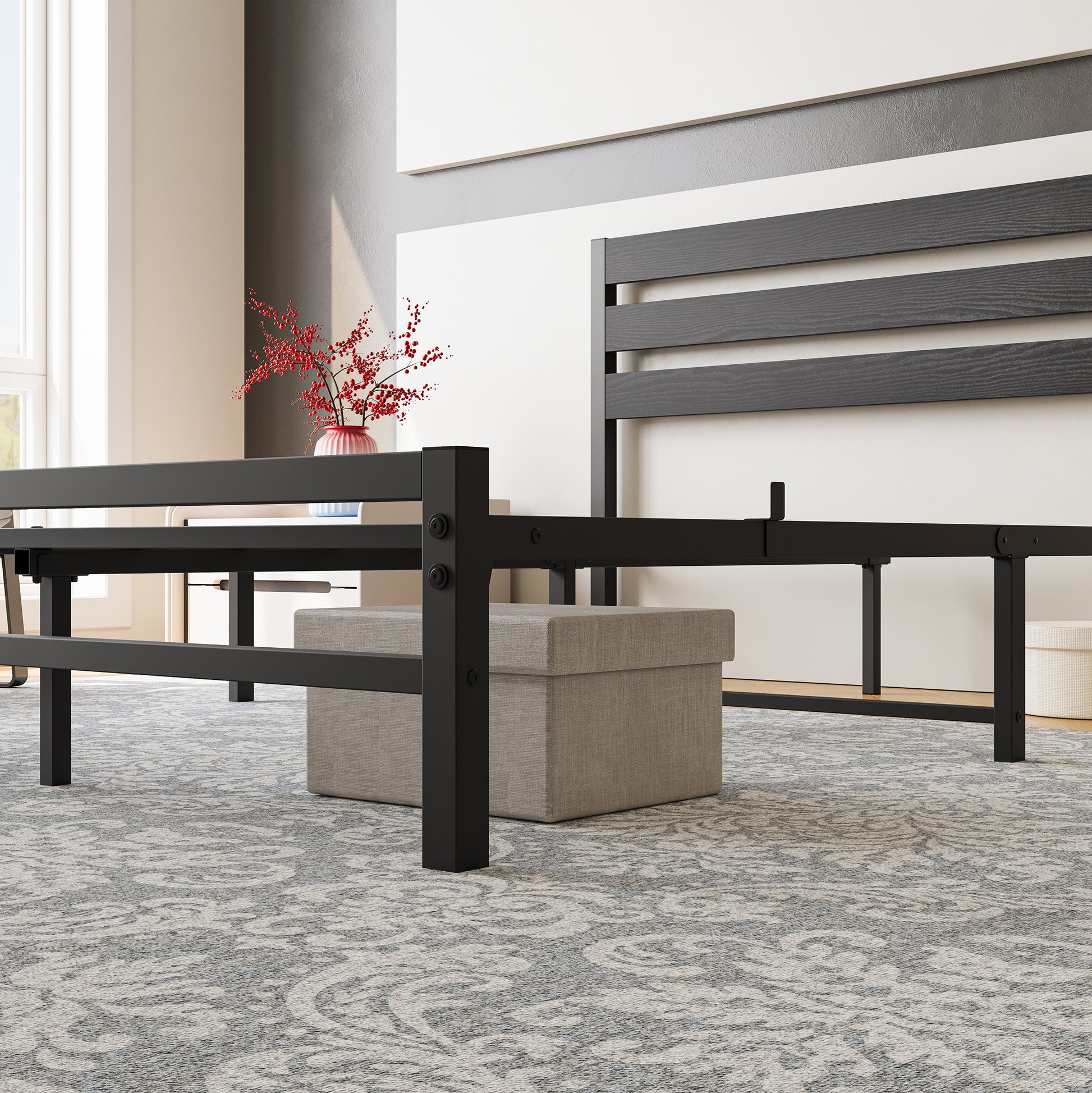 Black metal bed frame with a modern slatted headboard