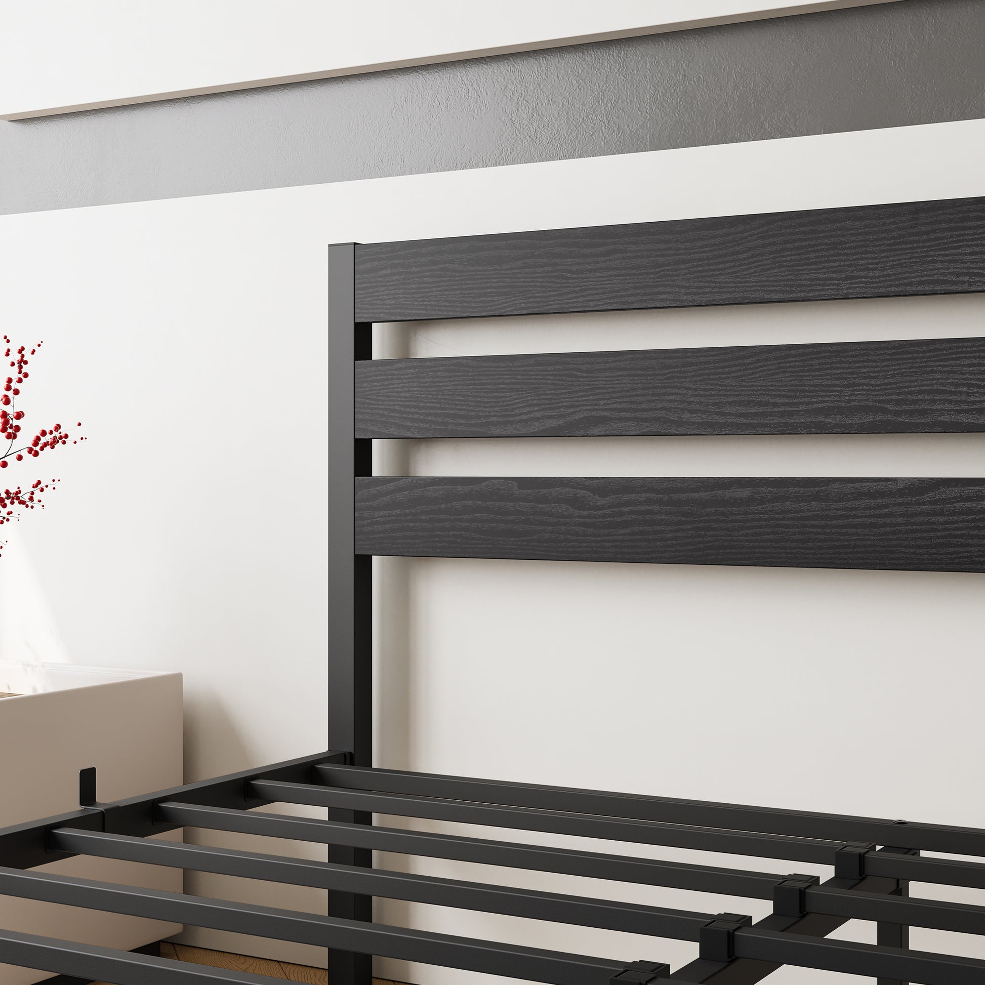 Black wood grain headboard with black metal bed frame