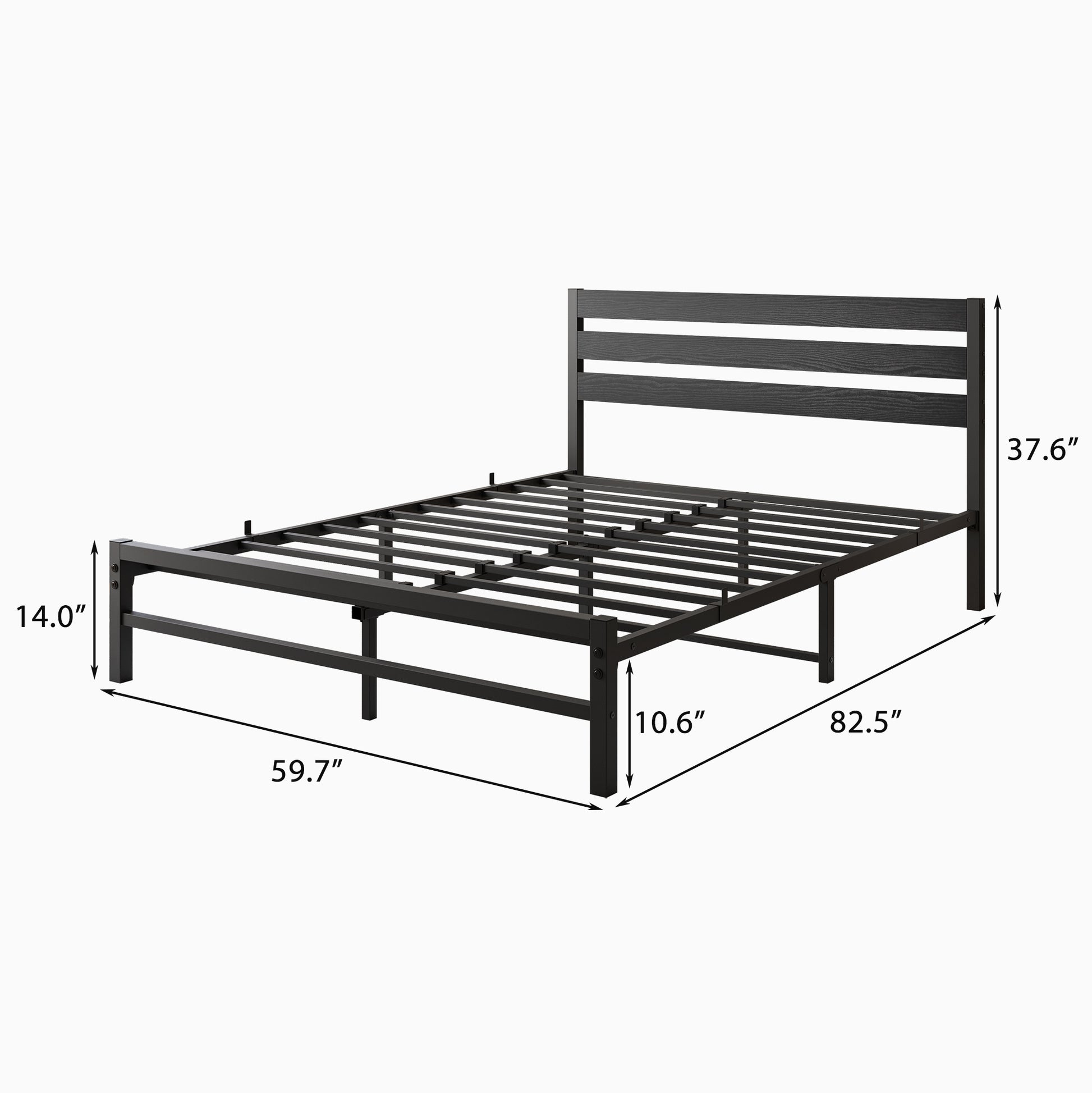 black metal platform bed frame with horizontal headboard slats