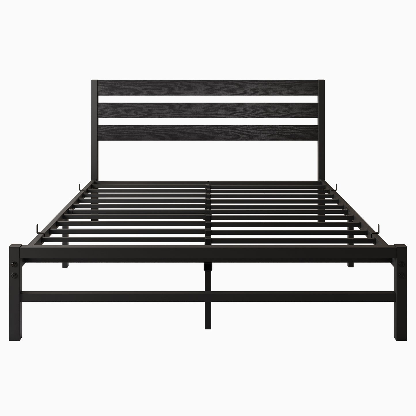 Black metal bed frame with a dark wood paneled headboard