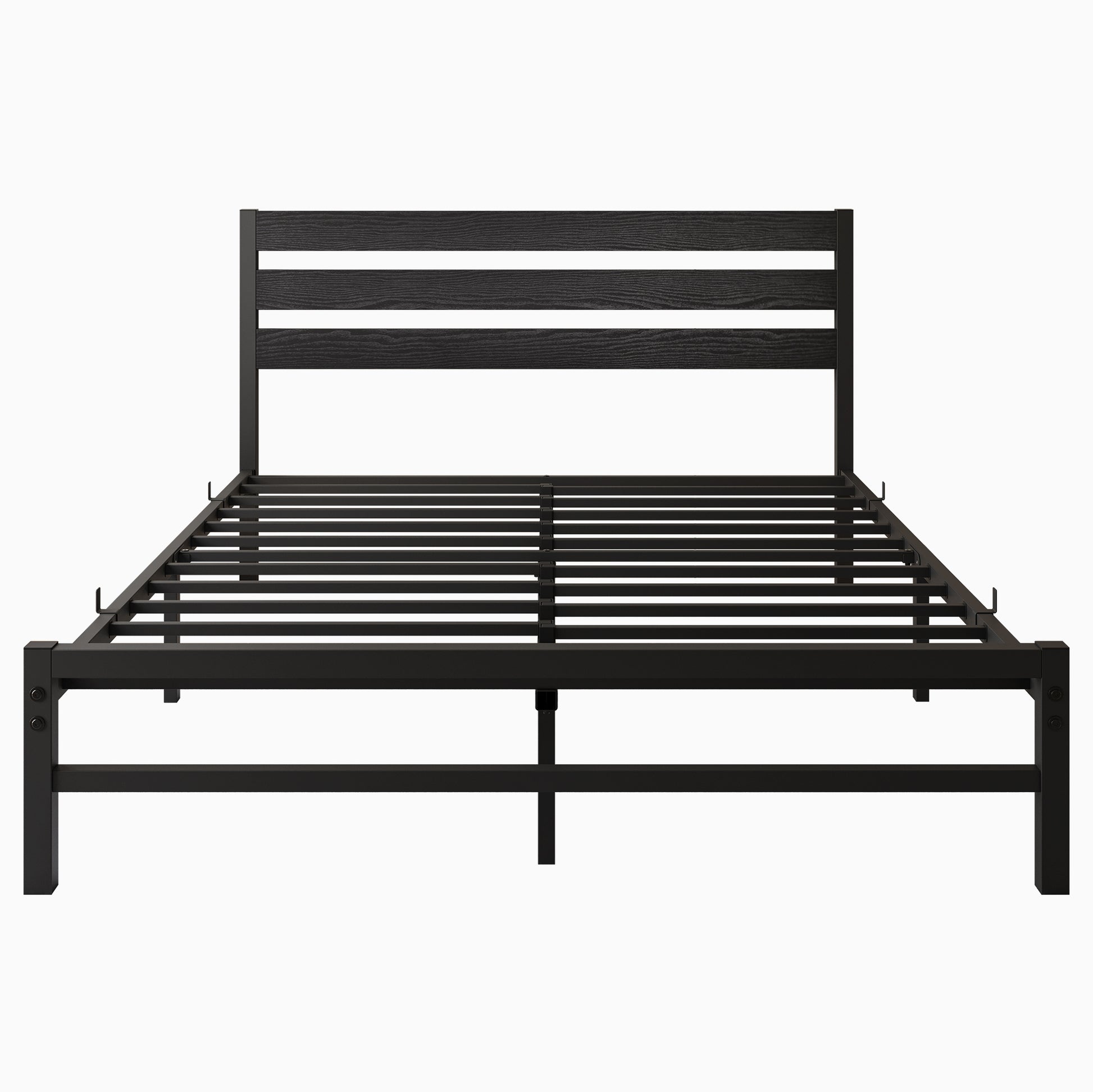 Black metal bed frame with a dark wood paneled headboard