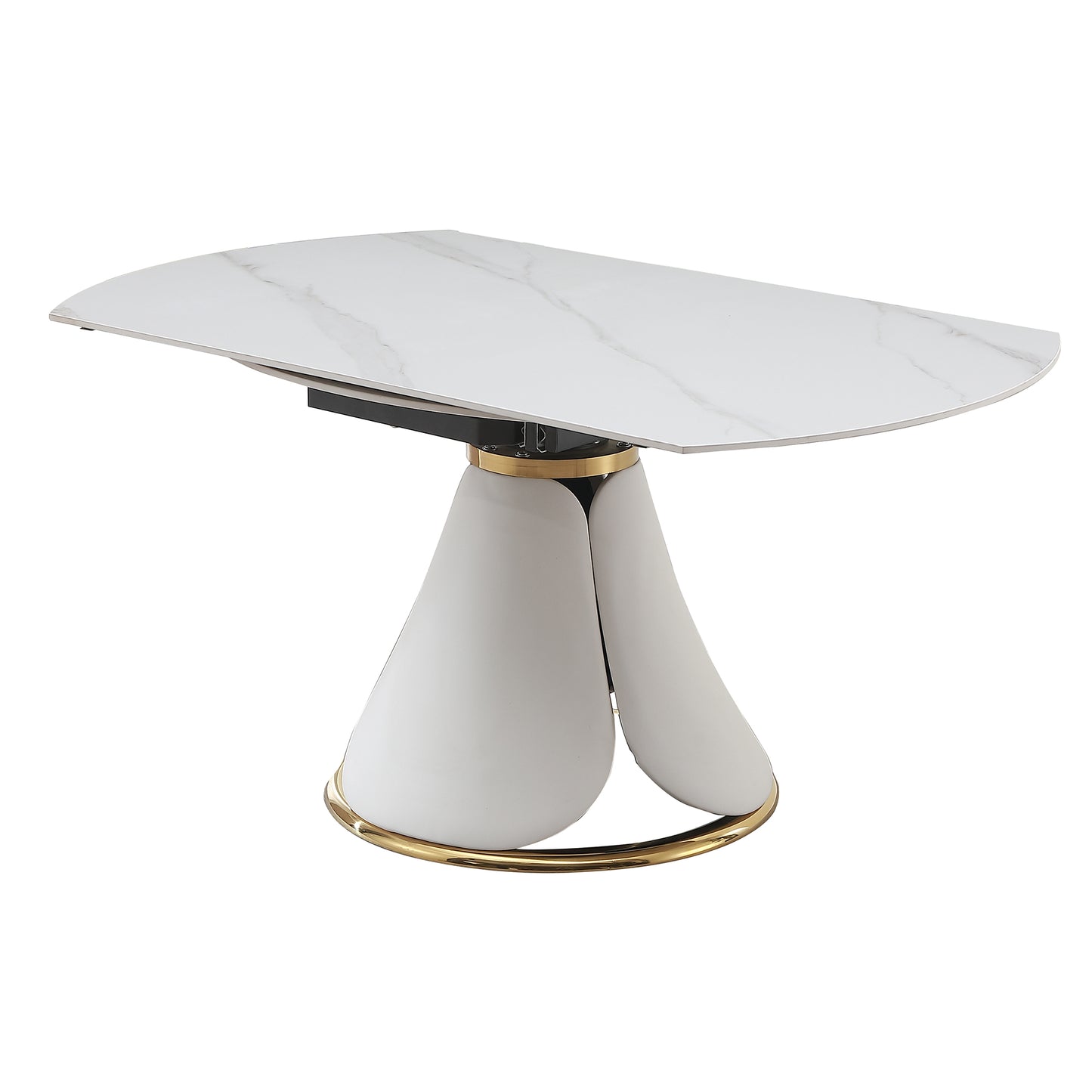Modern white marble dining table with extendable leaf and gold base