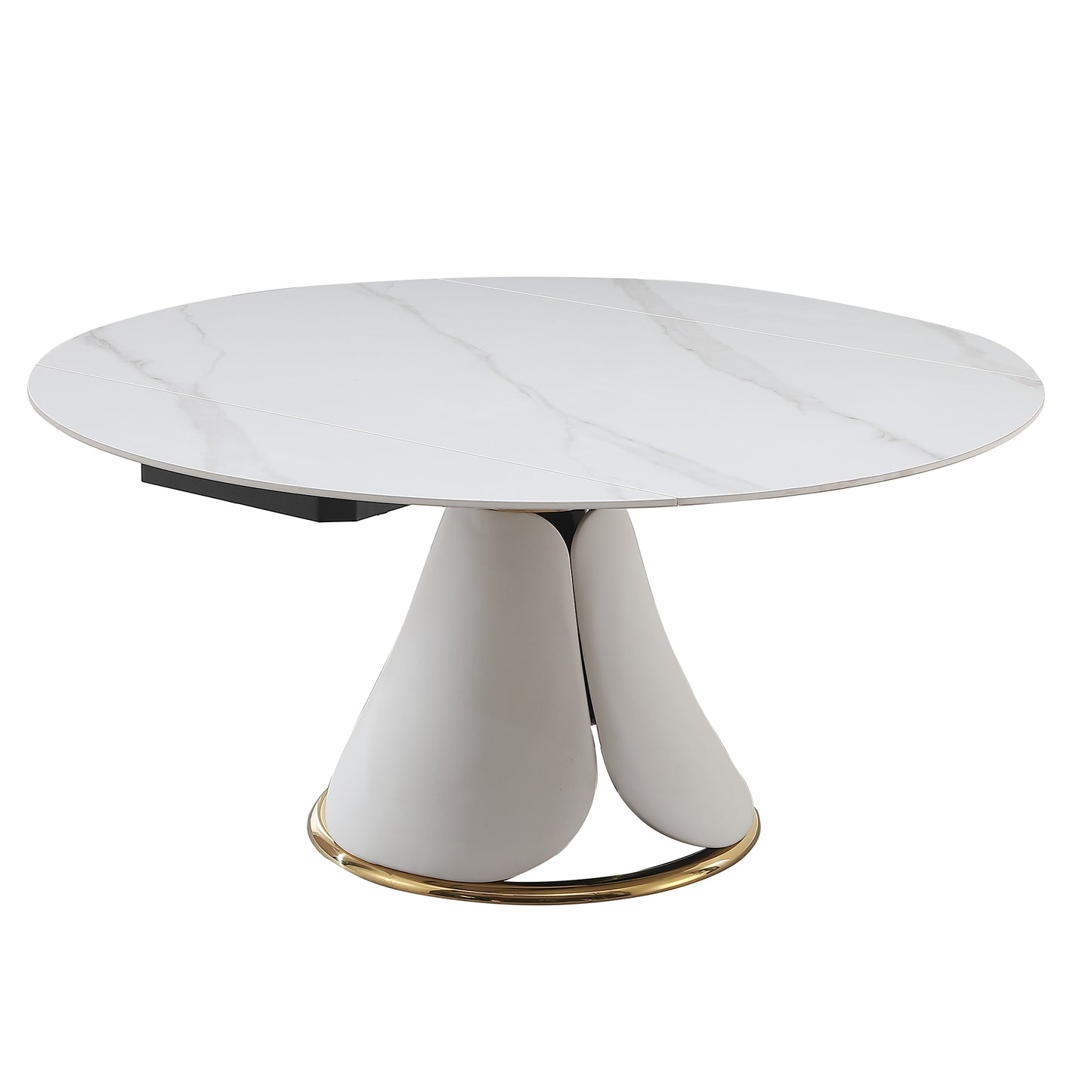 Modern white marble dining table with sculptural base and gold accent