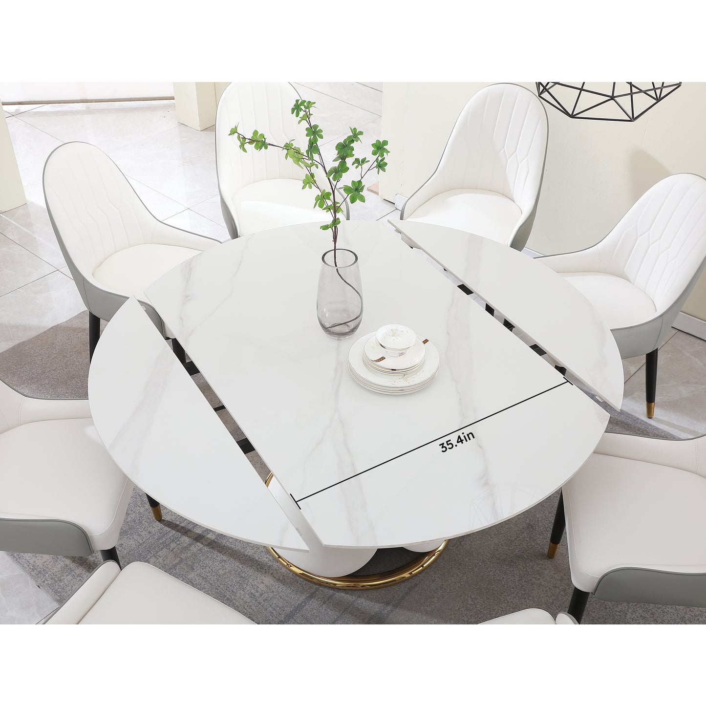 White marble top round dining table with extension  inch diameter