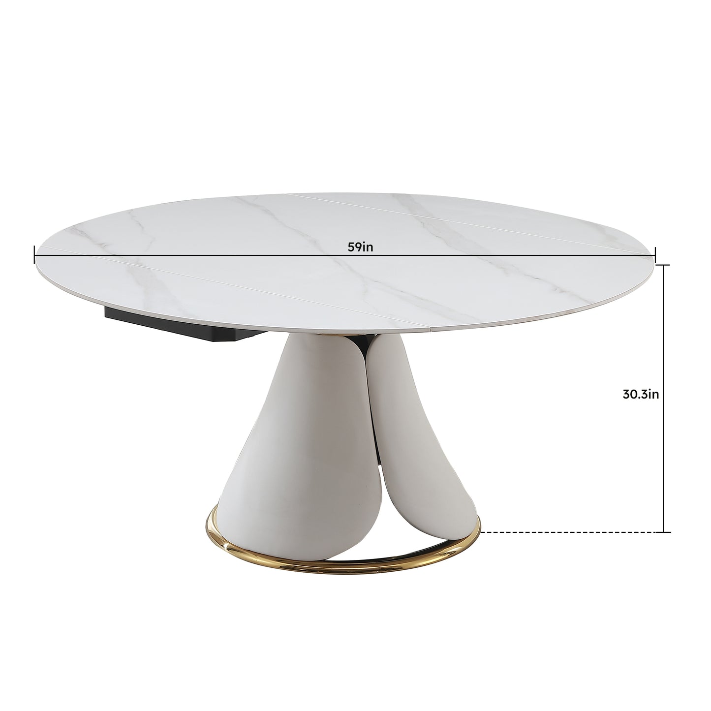 White marble top dining table with modern pedestal base and gold accent ring in diameter