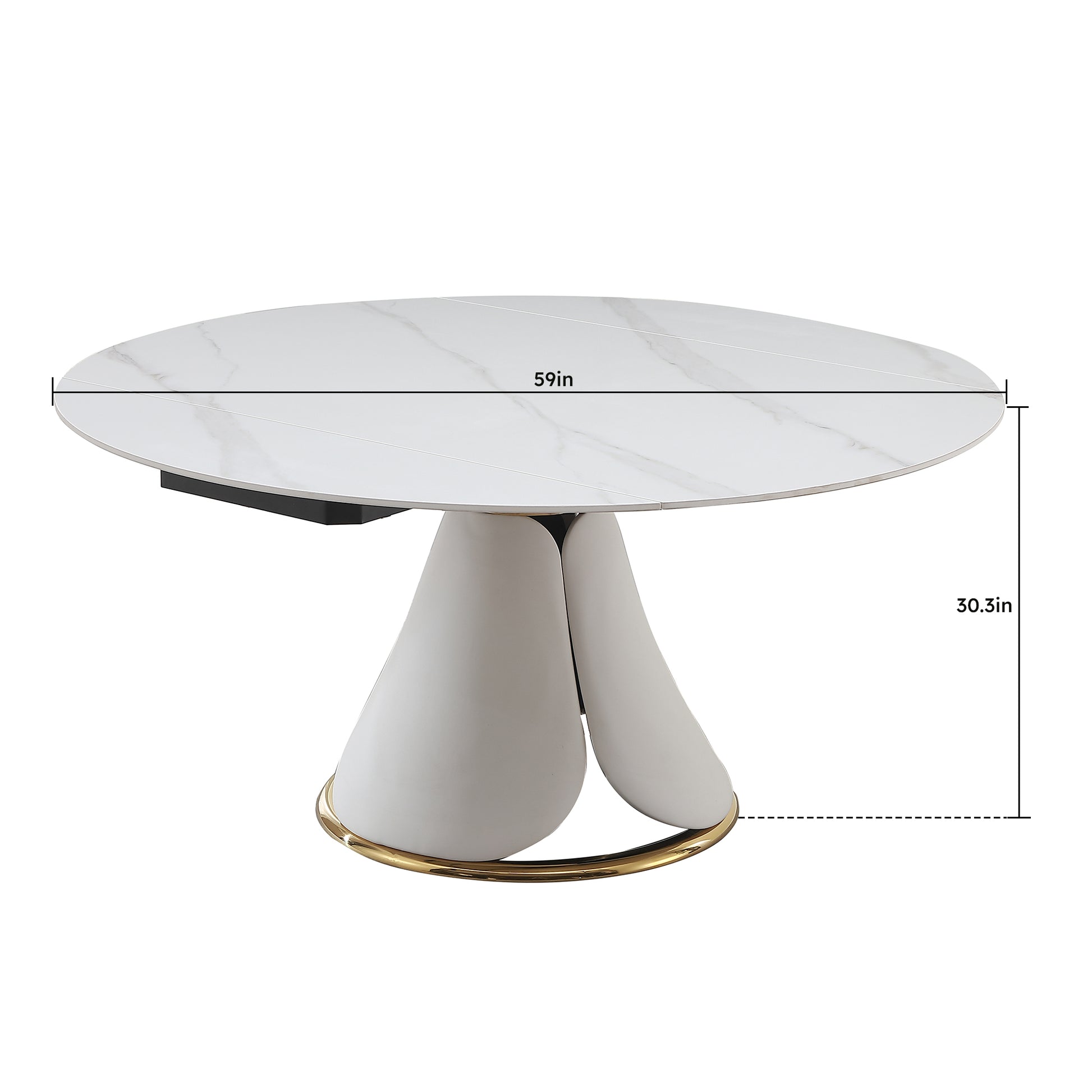 White marble top dining table with modern pedestal base and gold accent ring in diameter