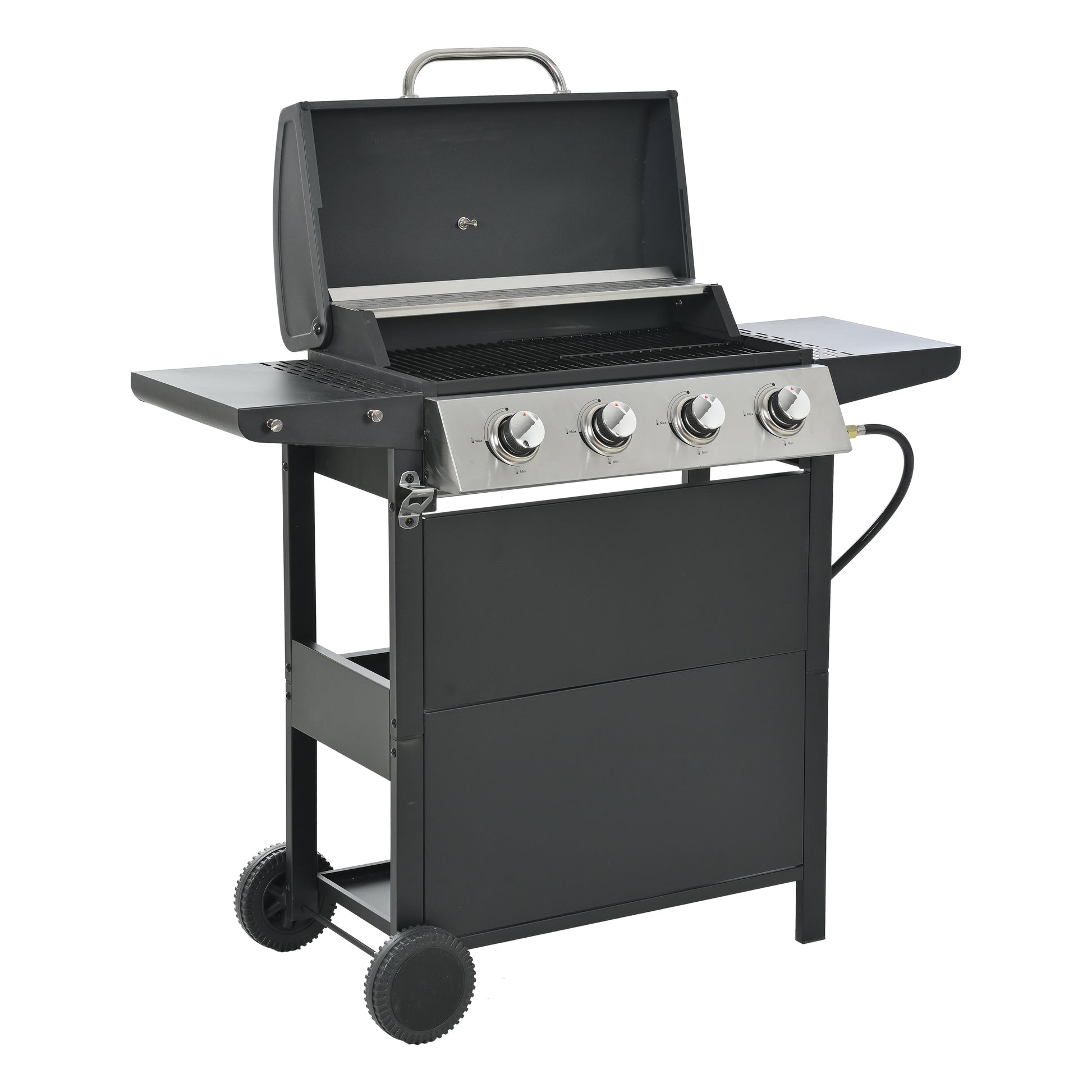 Black fourburner gas grill with stainless steel control panel and side shelves