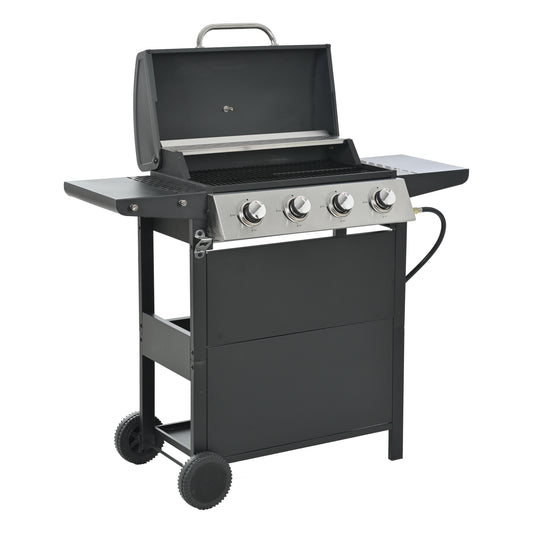 Black fourburner gas grill with stainless steel control panel and side shelves