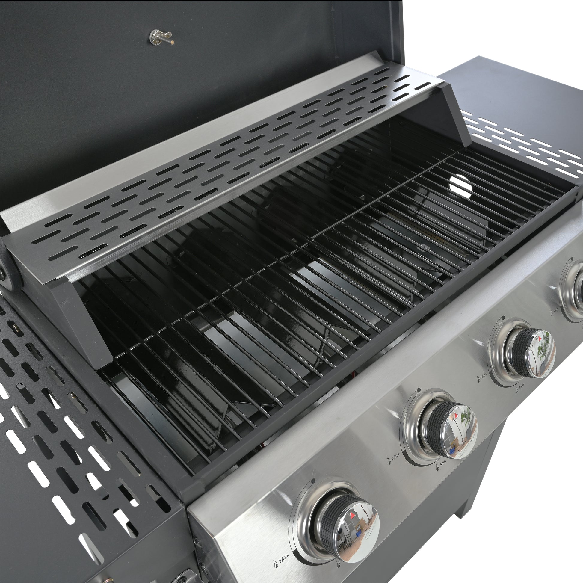 Stainless steel gas grill with cast iron grates and three control knobs