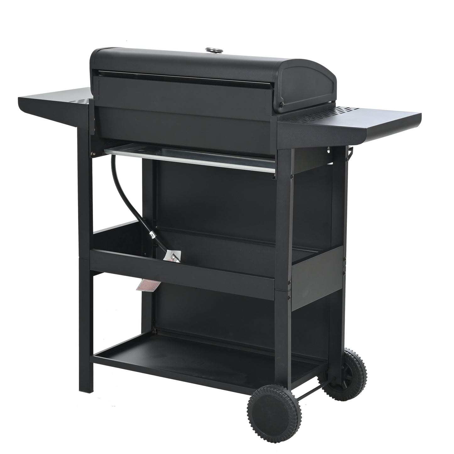 Black propane grill with side shelves and storage ideal for outdoor cooking