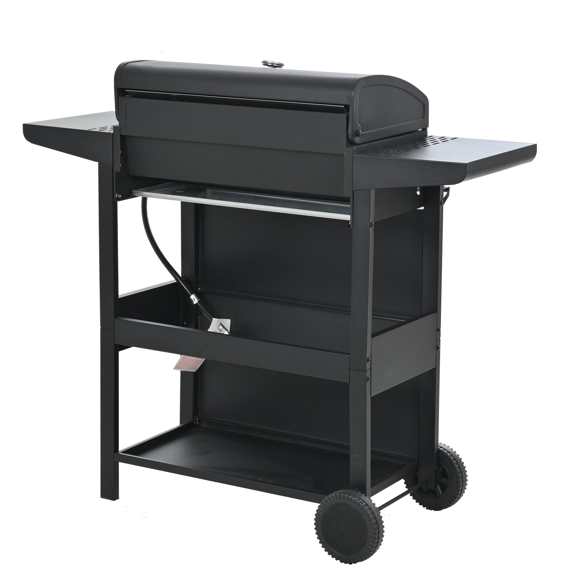 Black propane grill with side shelves and storage ideal for outdoor cooking