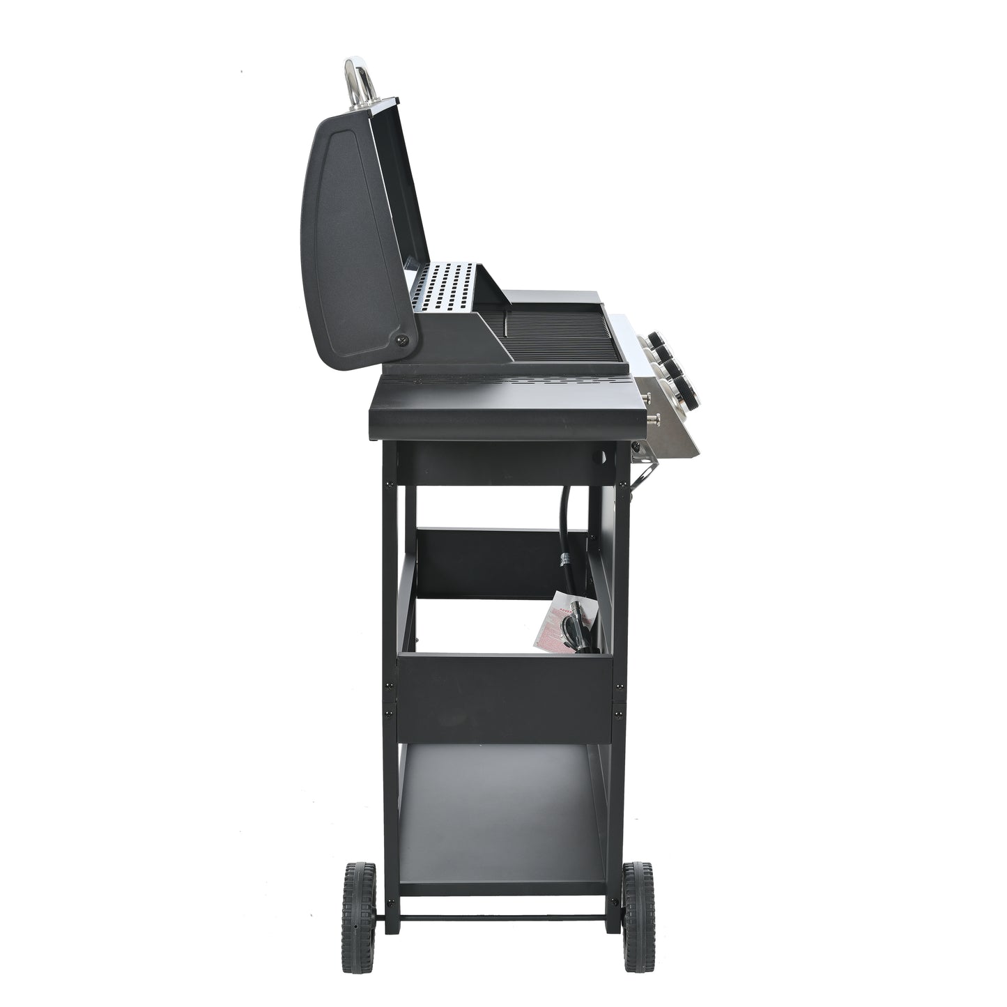 Black wheeled gas grill with lid open featuring stainless steel accents and burner controls
