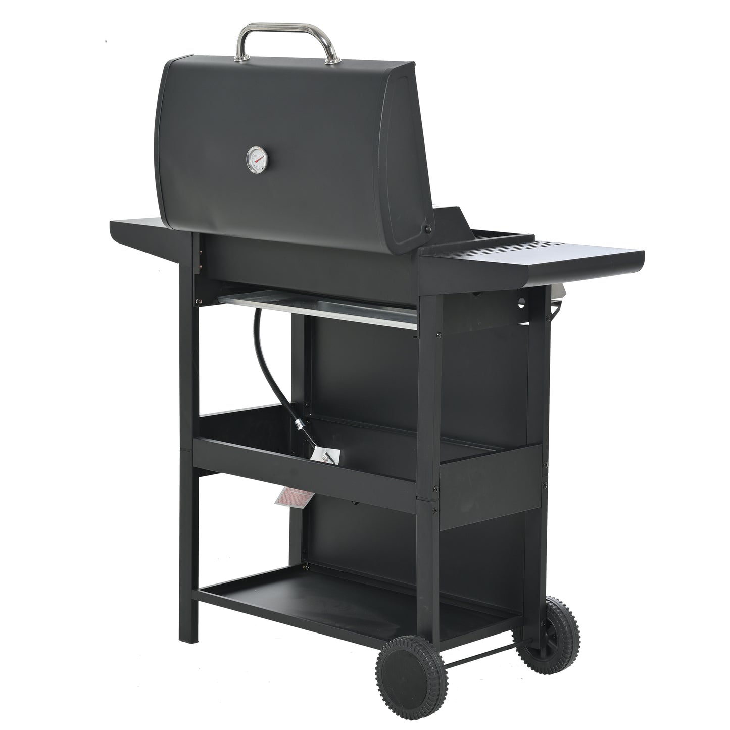 Black charcoal grill with thermometer on lid stainless steel handle and side shelf