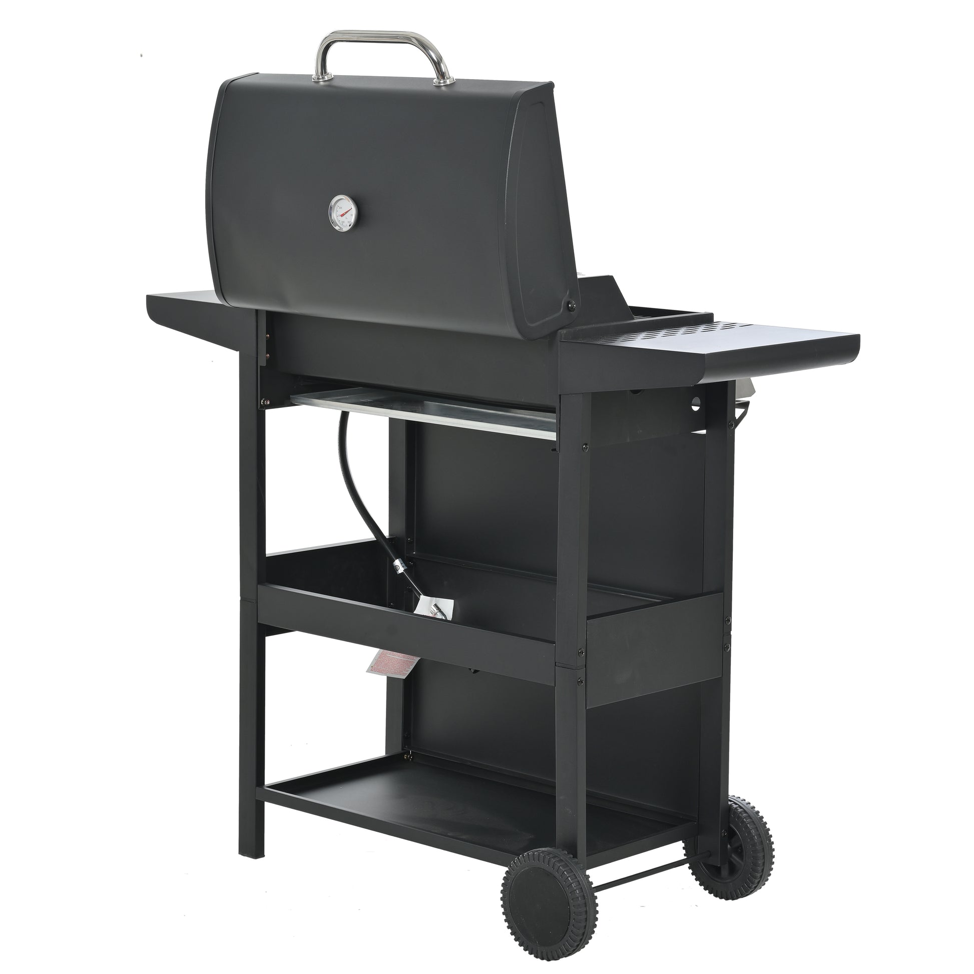 Black charcoal grill with thermometer on lid stainless steel handle and side shelf