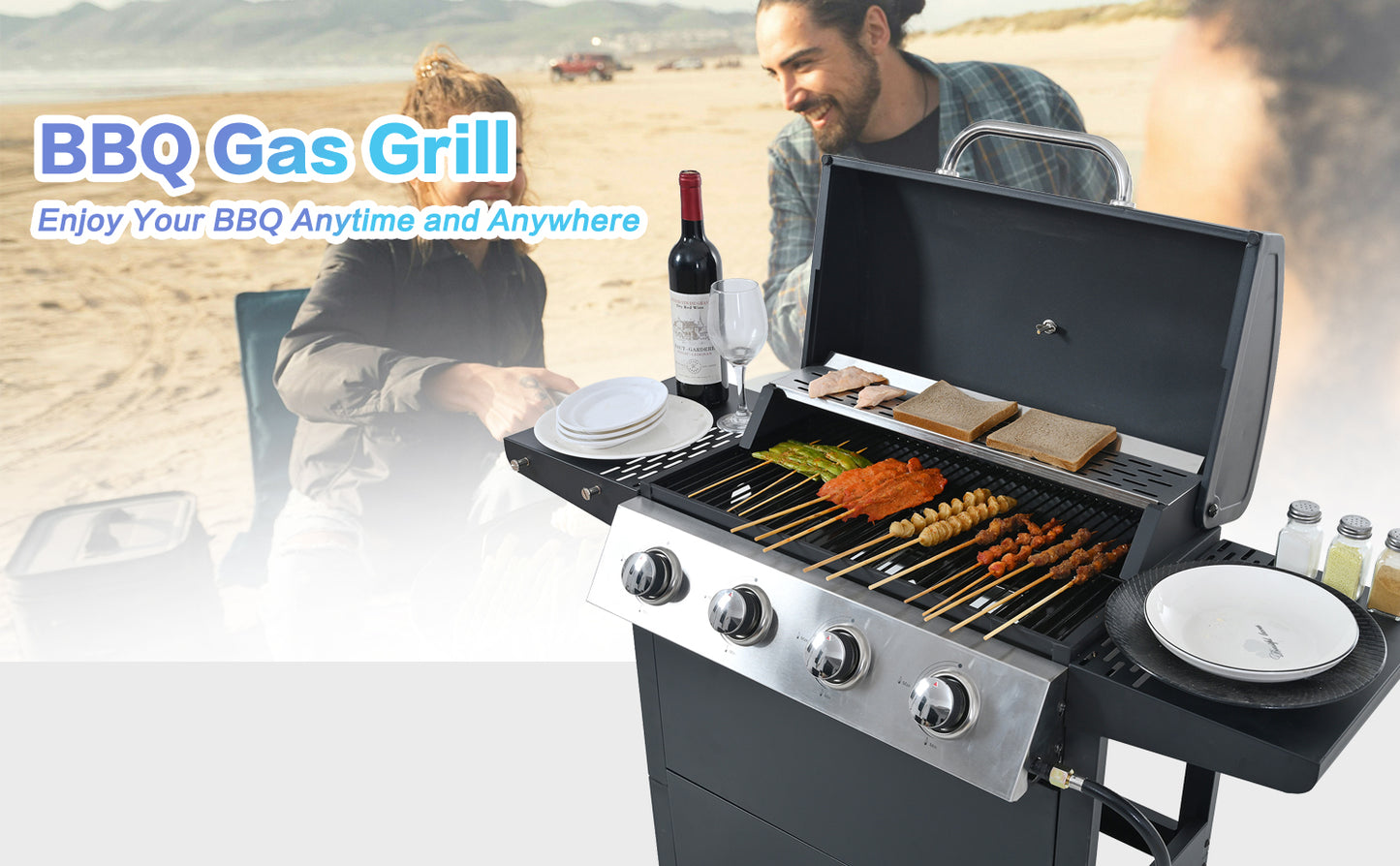 Black multiburner BBQ gas grill cooking skewers of meat and vegetables with condiments nearby