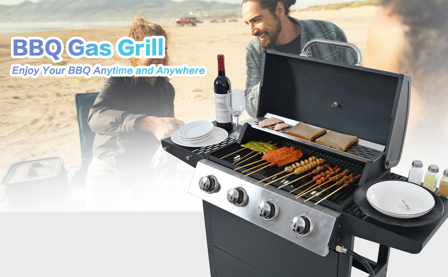 Black multiburner BBQ gas grill cooking skewers of meat and vegetables with condiments nearby