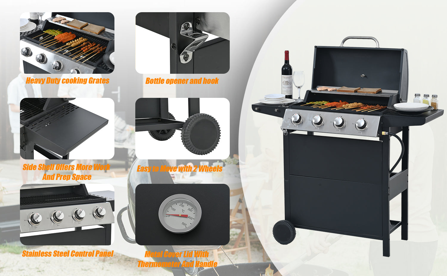 Black propane grill with four burners and heavyduty cooking grates