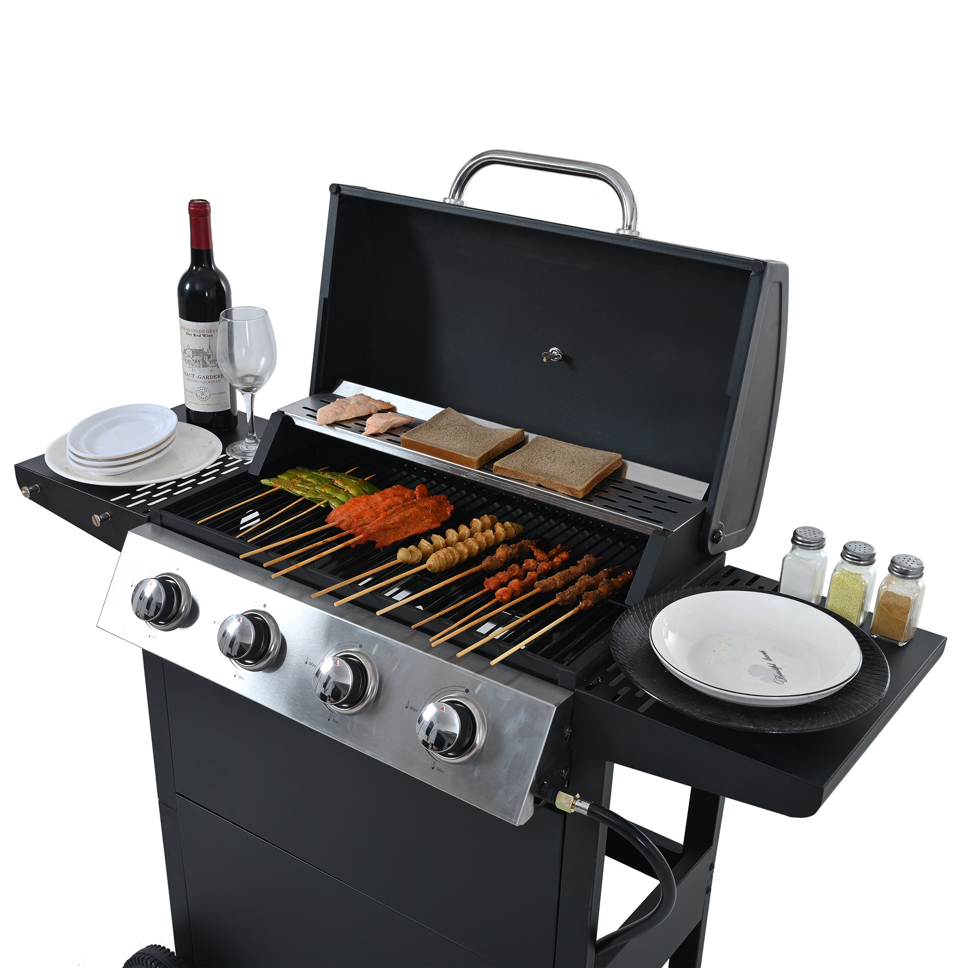 Black propane grill with food cooking on grates ideal for outdoor cooking events