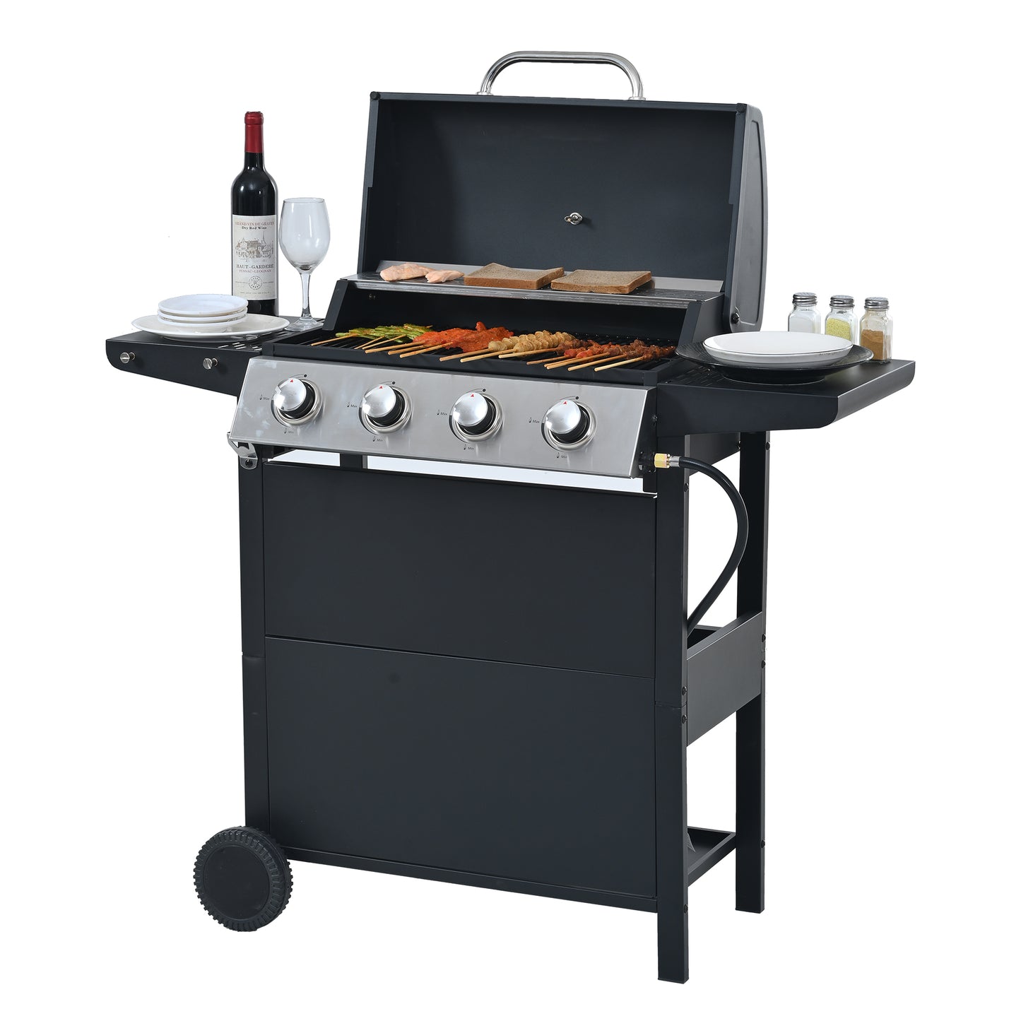 Four burner gas grill with food cooking on grates plates and wine ready for outdoor entertaining