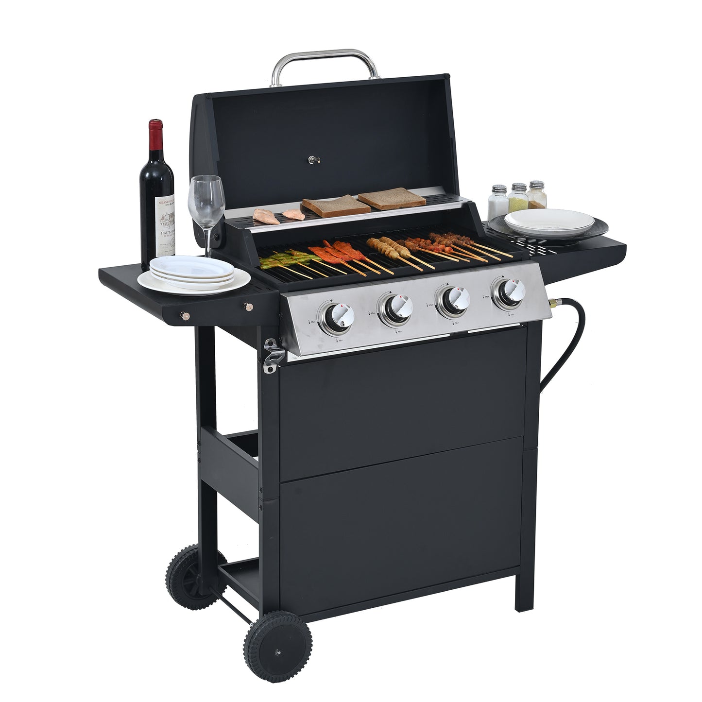 Black threeburner propane gas grill with food cooking on grates