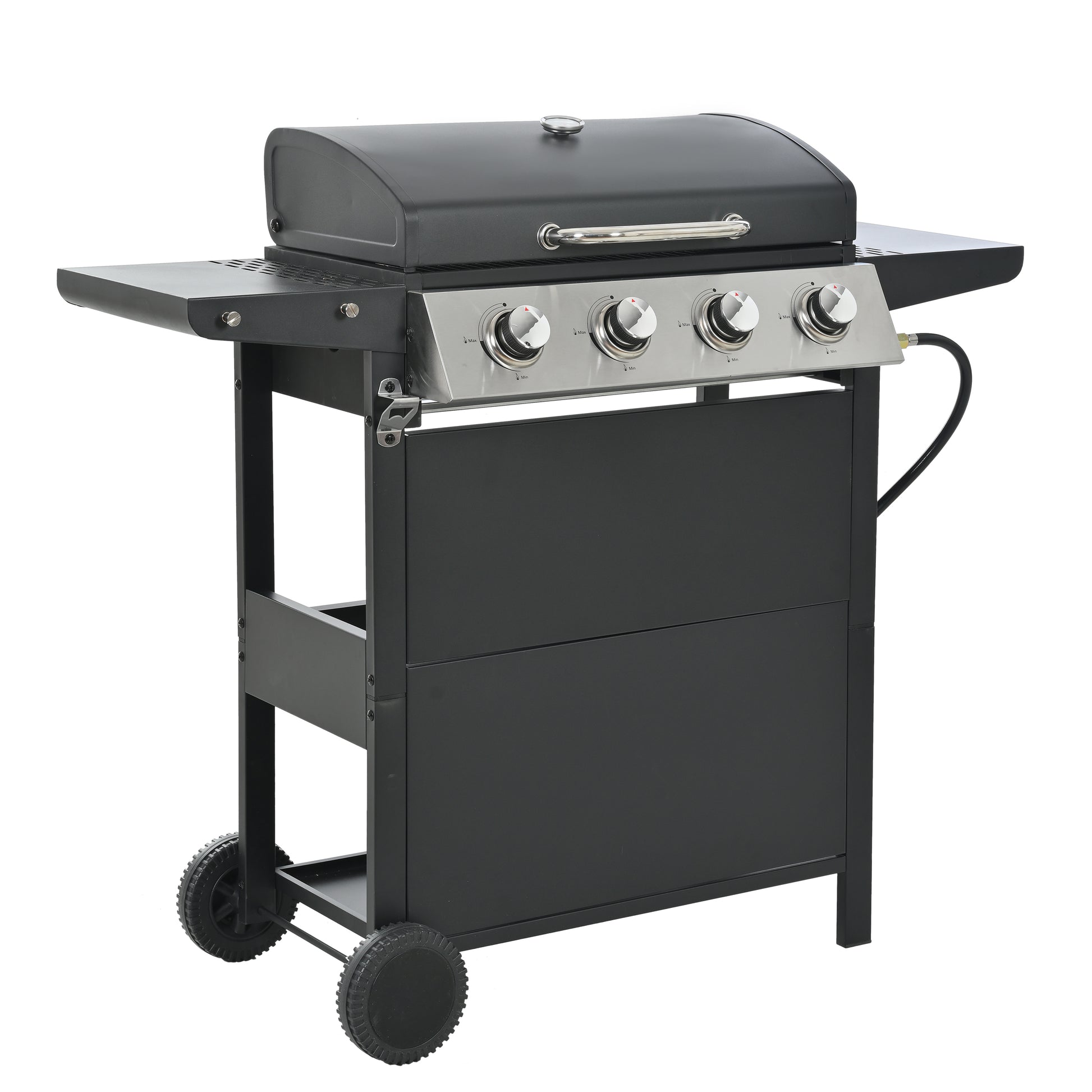 Black fourburner gas grill with stainless steel control panel perfect for outdoor cooking