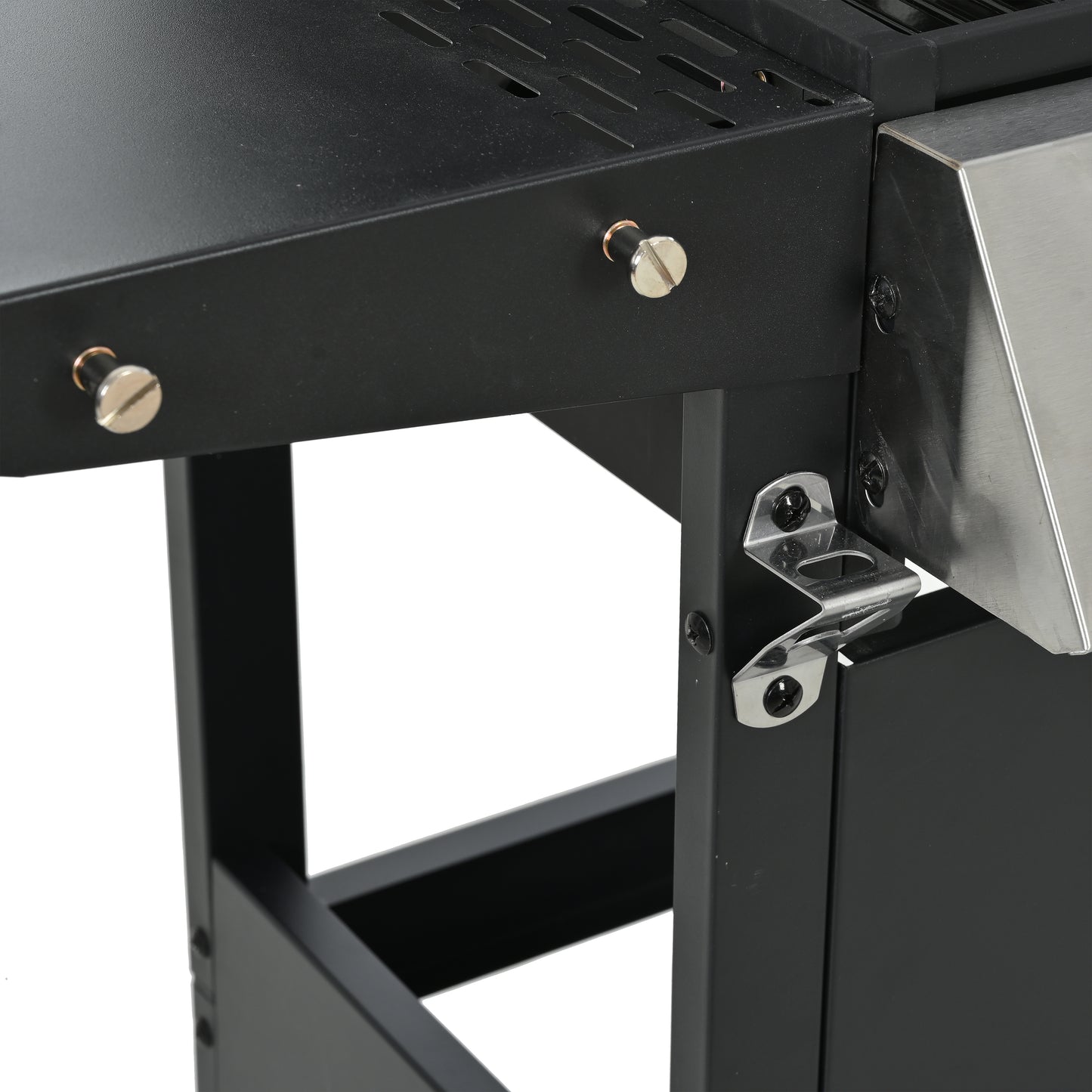 Black powdercoated steel grill side shelf with silver hardware