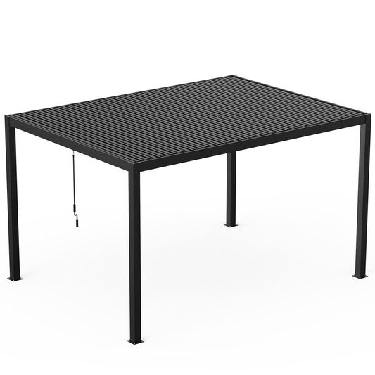Black aluminum pergola with slatted roof and crank for adjustable shade