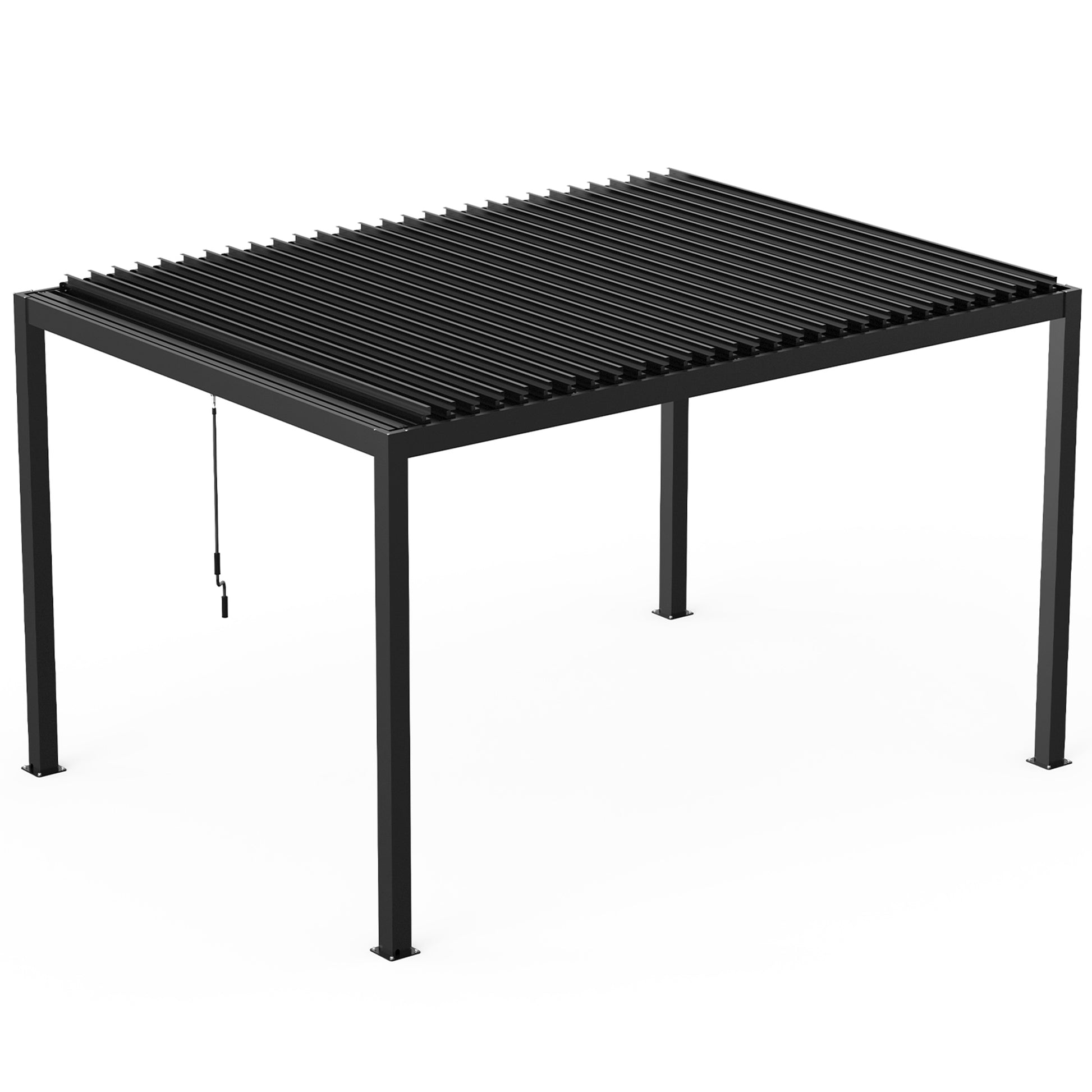 Modern black metal pergola with adjustable louvred roof and crank